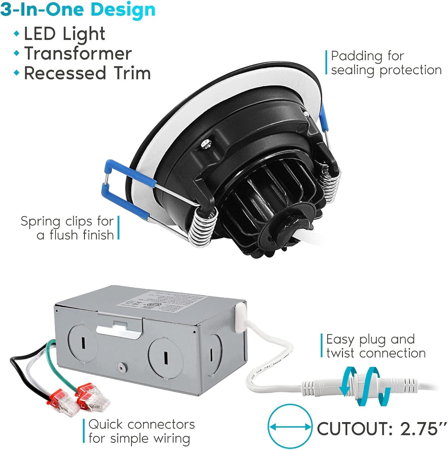 LUXRITE 3 Inch Gimbal LED Recessed Light with Junction Box, 5CCT Color Selectable 2700K-5000K, Dimmable Adjustable Eyeball Swivel Lights, 600 Lumens,