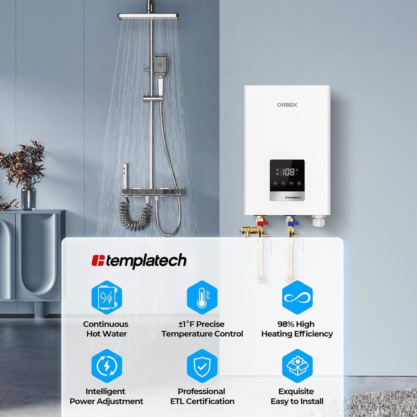 Orbek 14kw Tankless Water Heater Electric 240v，Max 3.38GPM, On Demand Water Heater Electric for shower 2-3 point of use M-14