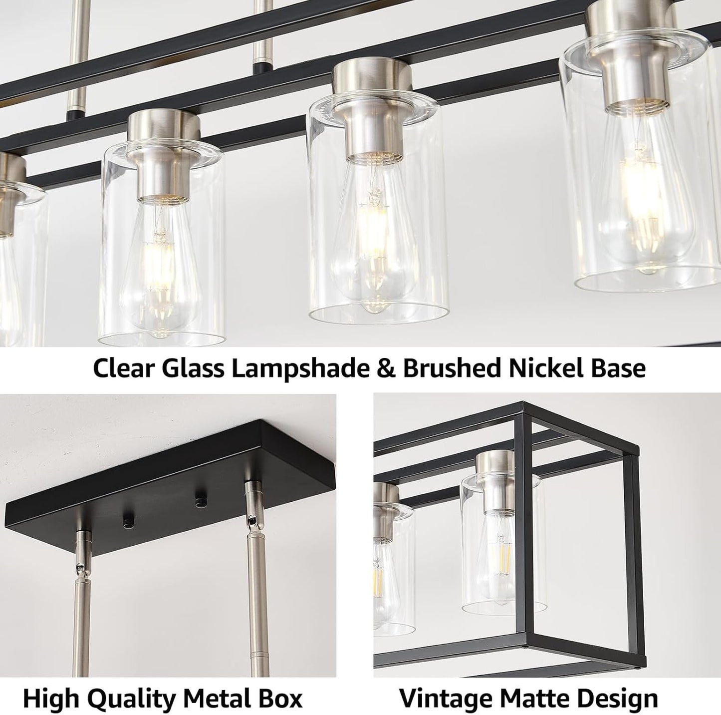 FOVICY 5-Light E26 Kitchen Island Lighting, Farmhouse Dining Room Chandelier with Clear Glass Shades, Rectangle Black and N