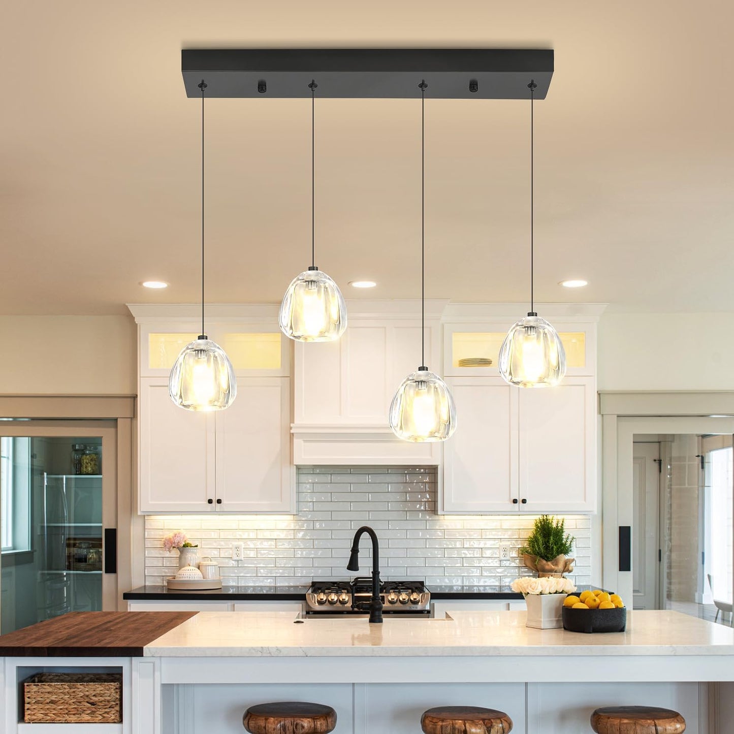 Crystal Kitchen Island Lights,4-Light Black Linear Chandeliers for Dining Room, Kitchen Pendant Lighting Over Island, Rectangular Chandelier for Bedroom Entryway Bathroom R Black Rectangle 4-light