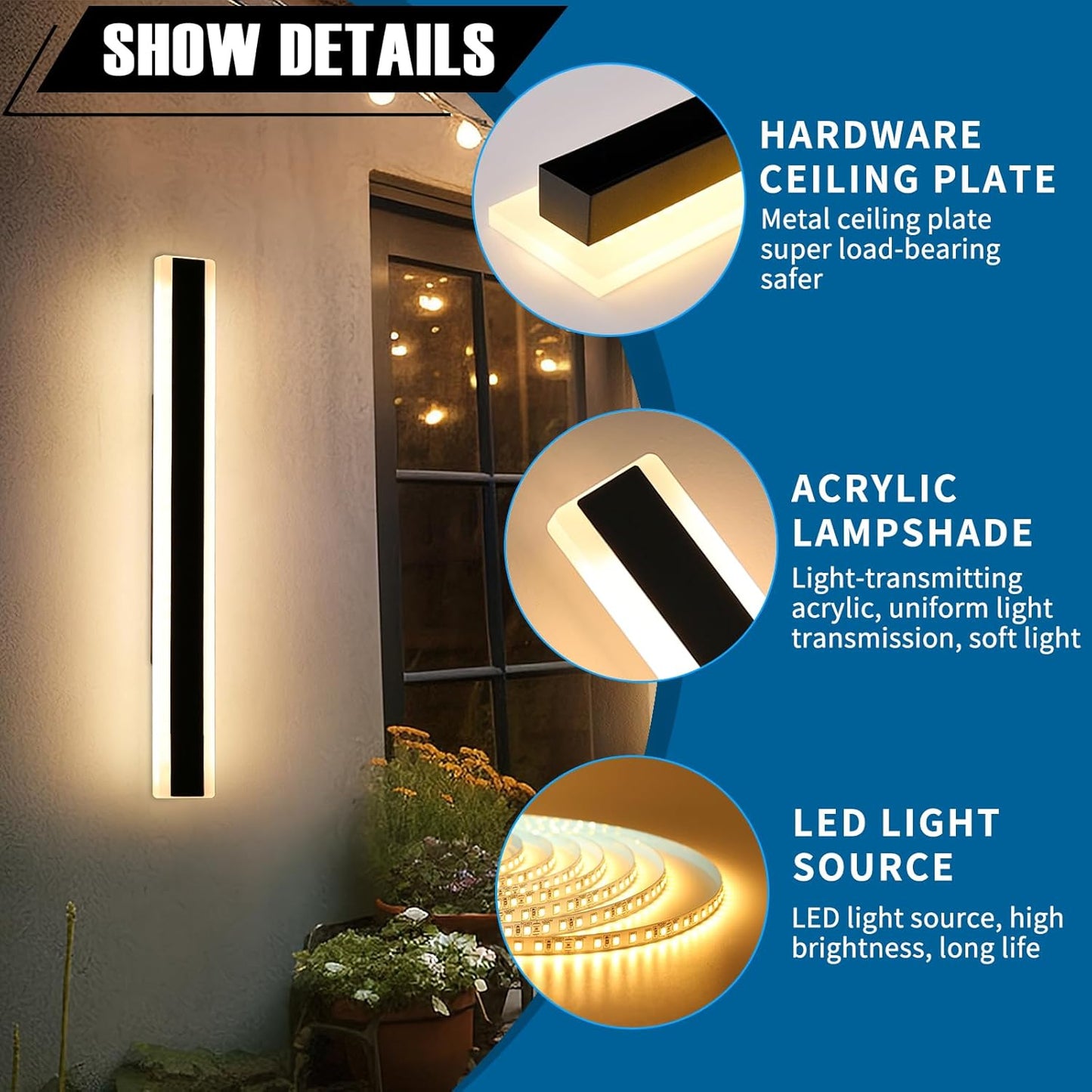 2 Pack Outdoor Wall Sconce Light, 31.4inch Modern Black Exterior Porch Light, 3 Color Lights 3000K/4500K/6000K,