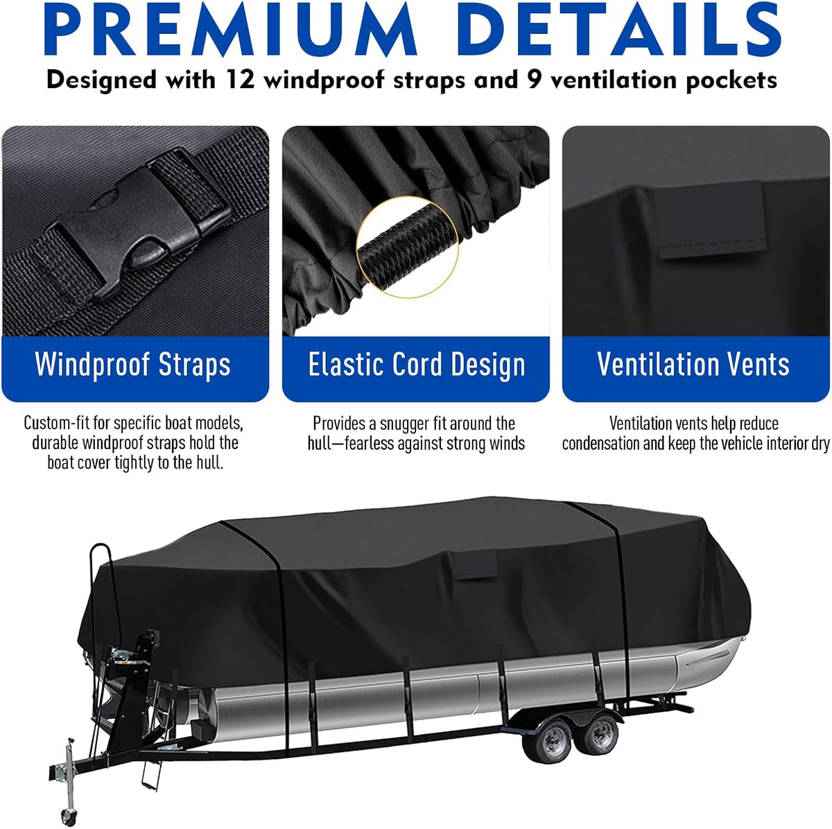 Pontoon Boat Cover 21-24 ft 102" Max Beam, Heavy-Duty 900D Oxford with 10000PA Waterproof & UV Protection Pontoon Cover, 12 Adjustable Straps & 2 Long Tie-Downs for Boat Cover