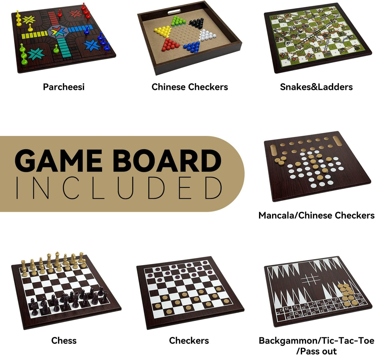 Board Game Set, Wooden15 in 1 Tabletop Game Center with Storage Drawer for Family Night Gift (Checkers, Chess, Parcheesi, TicTacToe, Snakes and