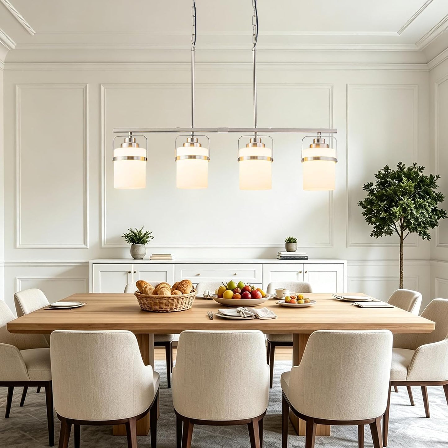 4 Light Kitchen Island Lighting, Brushed Nickel Dining Room Light Fixture with Milk Glass Shade, Adjustable Height Modern Chandelier Pendant Light for Dining Table Living Room Brushed Nickel, Milk Glass 4-Lights