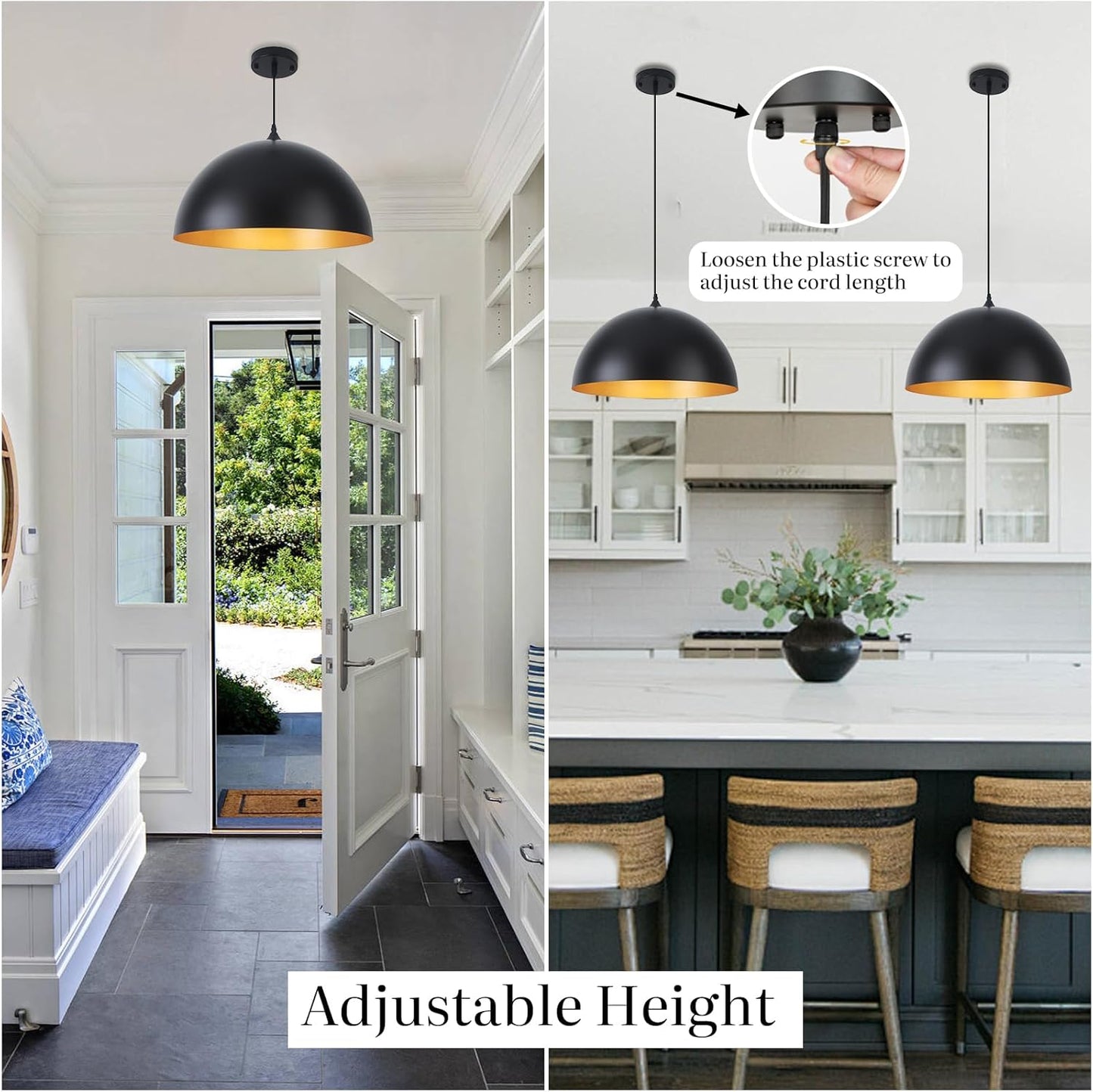 Black Pendant Lights for Kitchen Island, 15.7 Inch Black and Gold Dome Pendant Light