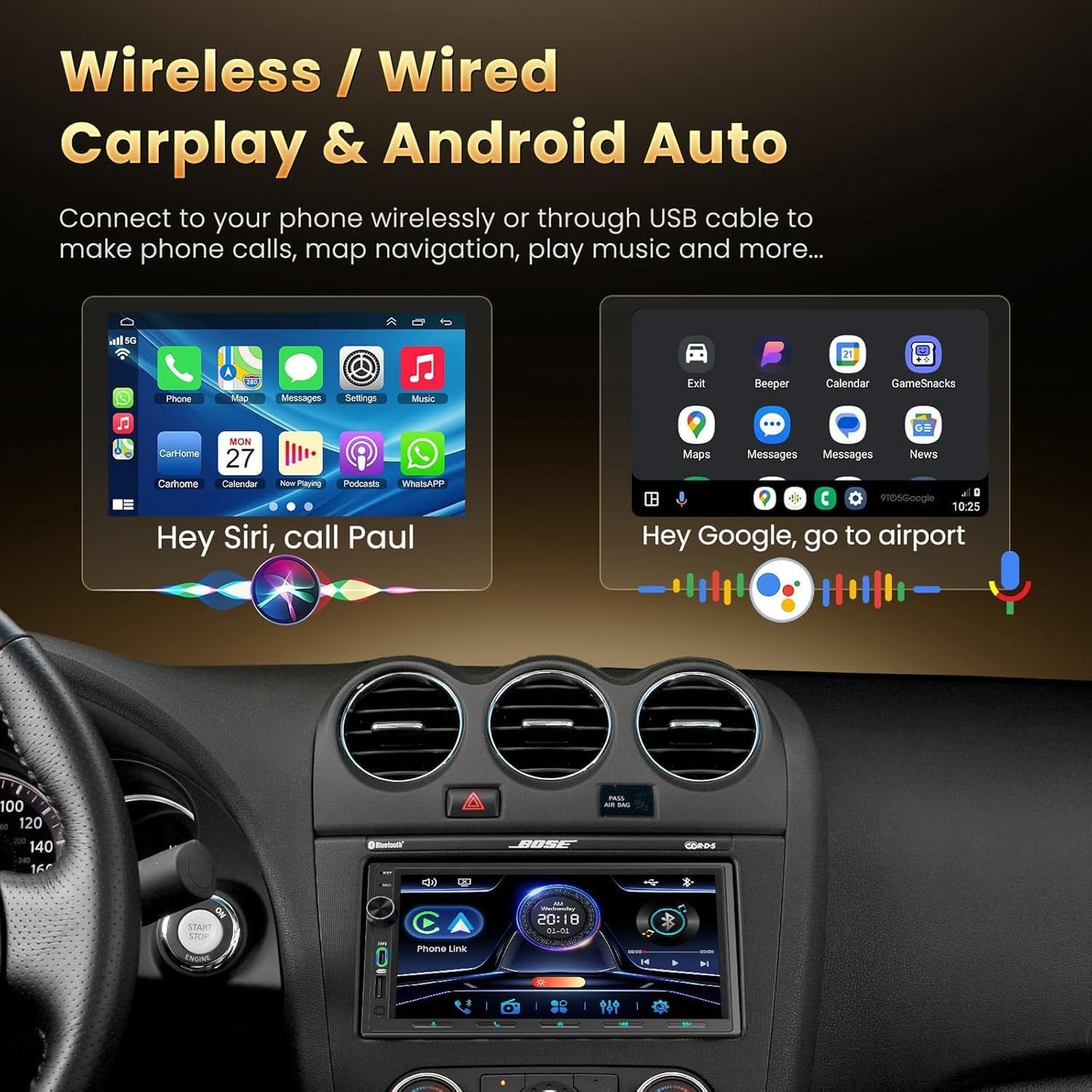 Double Din Car Stereo with Wireless Carplay & Android Auto - 7 Inch HD Touchscreen Bluetooth 5.3 Car Radio, 12 Back Ports 4.2 Channel Pre-Out, 30-Band EQ, SWC, Reverse Camera, Mirror Link