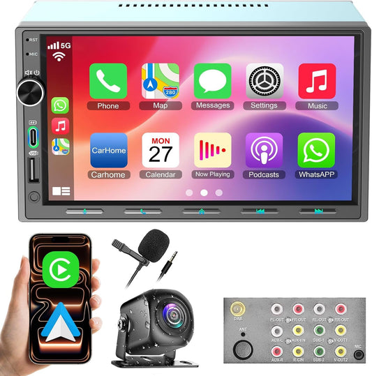 Double Din Car Stereo with Wireless Carplay & Android Auto - 7 Inch HD Touchscreen Bluetooth 5.3 Car Radio, 12 Back Ports 4.2 Channel Pre-Out, 30-Band EQ, SWC, Reverse Camera, Mirror Link