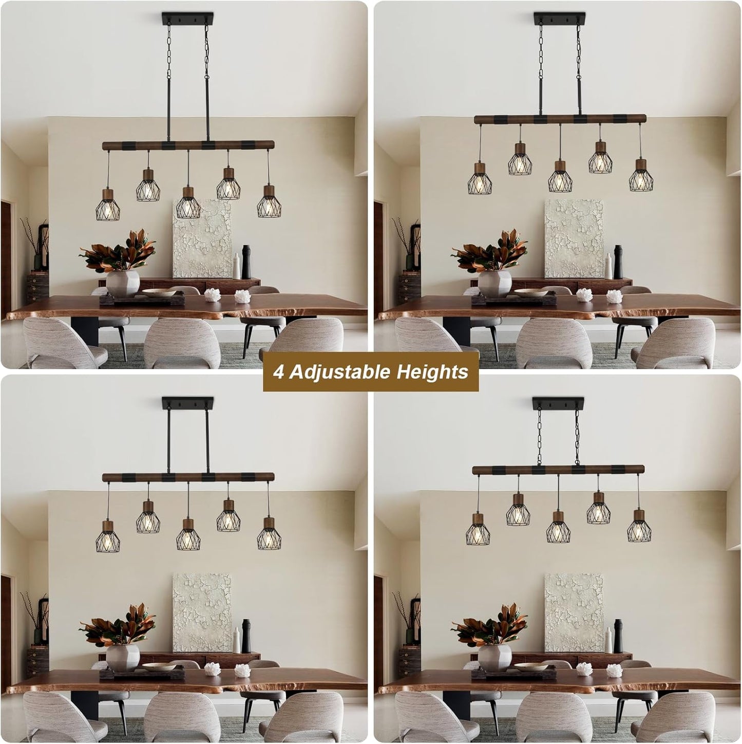 Dining Room Light Fixture Over Table, Farmhouse 5-Light Kitchen Island Lighting, Chandeliers for Dining Room, Matte Black Rustic Wood Ceiling Pendant