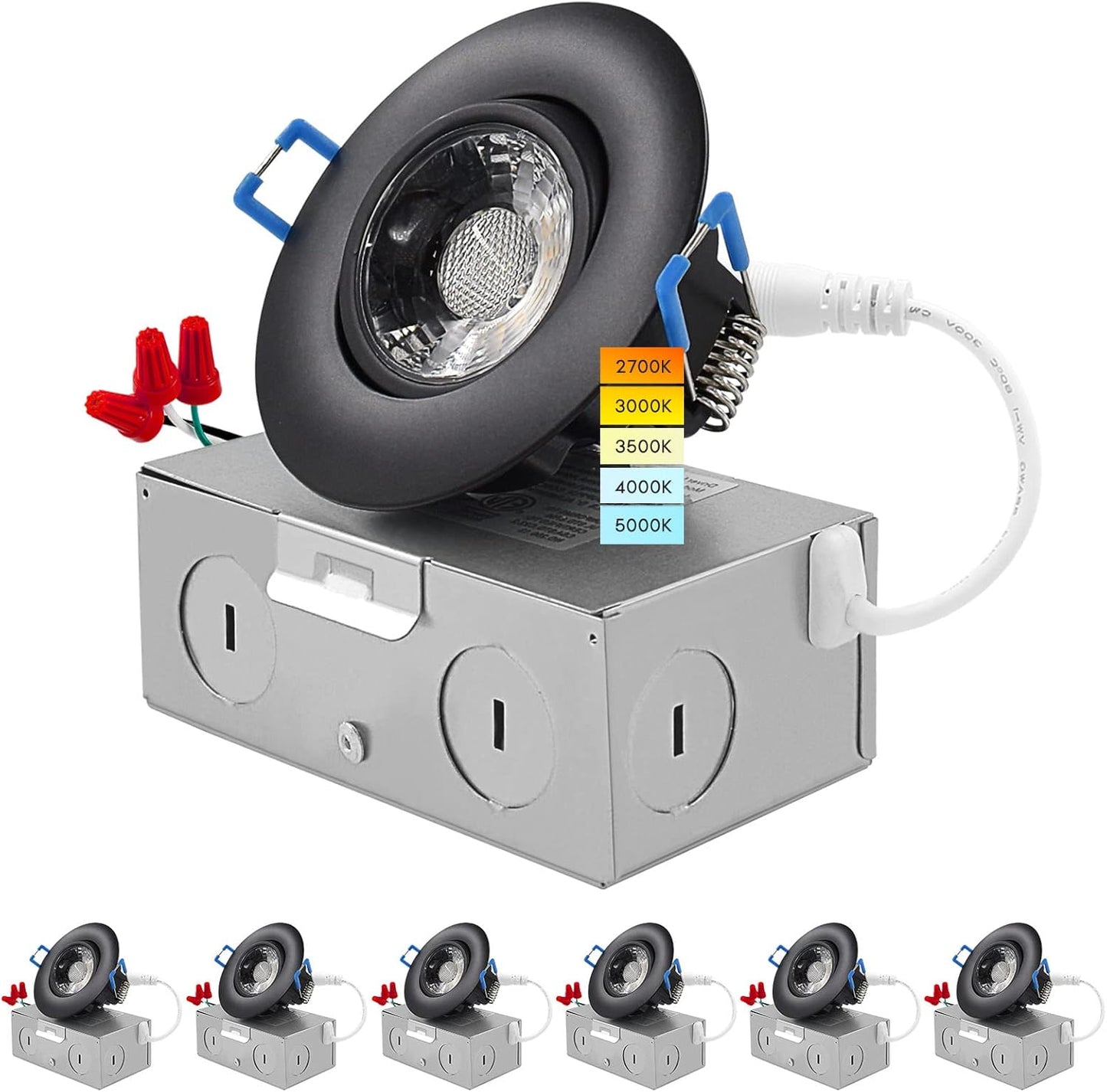 3 Inch Gimbal LED Recessed Light with Junction Box, 5CCT Color Selectable 2700K-5000K, Dimmable Adjustable Eyeball Swivel Lights, 600 Lumens, 8W, IC