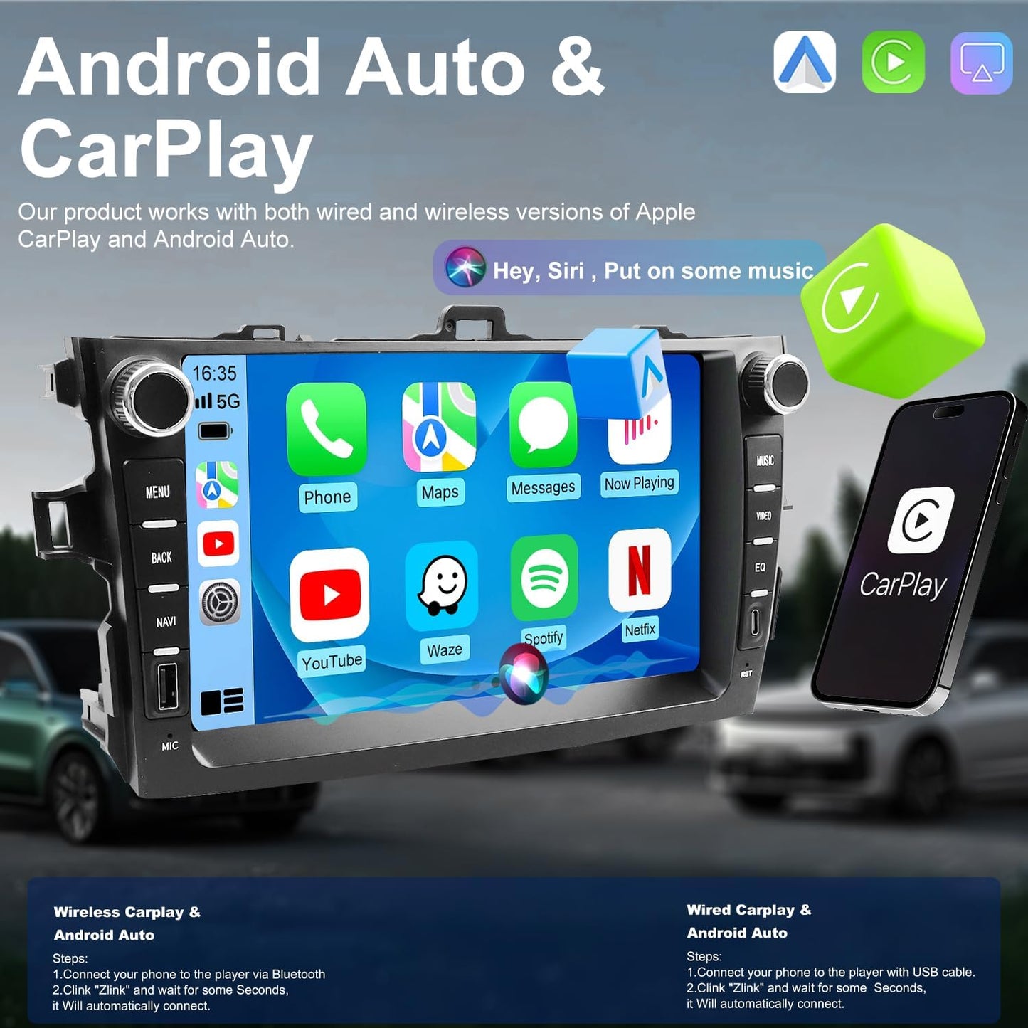 Upgrade Android Car Radio Stereo for Toyota Corolla 2009 2010 2011 2012 2013, 8 Inch Touch Screen Head Unit with Wireless Carplay Android Auto GPS Navigation FM Bluetooth 5G WiFi SWC HD Backup Camera