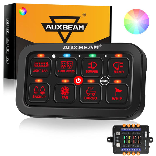 Auxbeam 8 Gang Switch Panel RB80 Toggle Momentary Pulsed RGB Dimmable Switch Panel Multifunction Switch Panel Two Sided Output Marine Switch Panel IP6