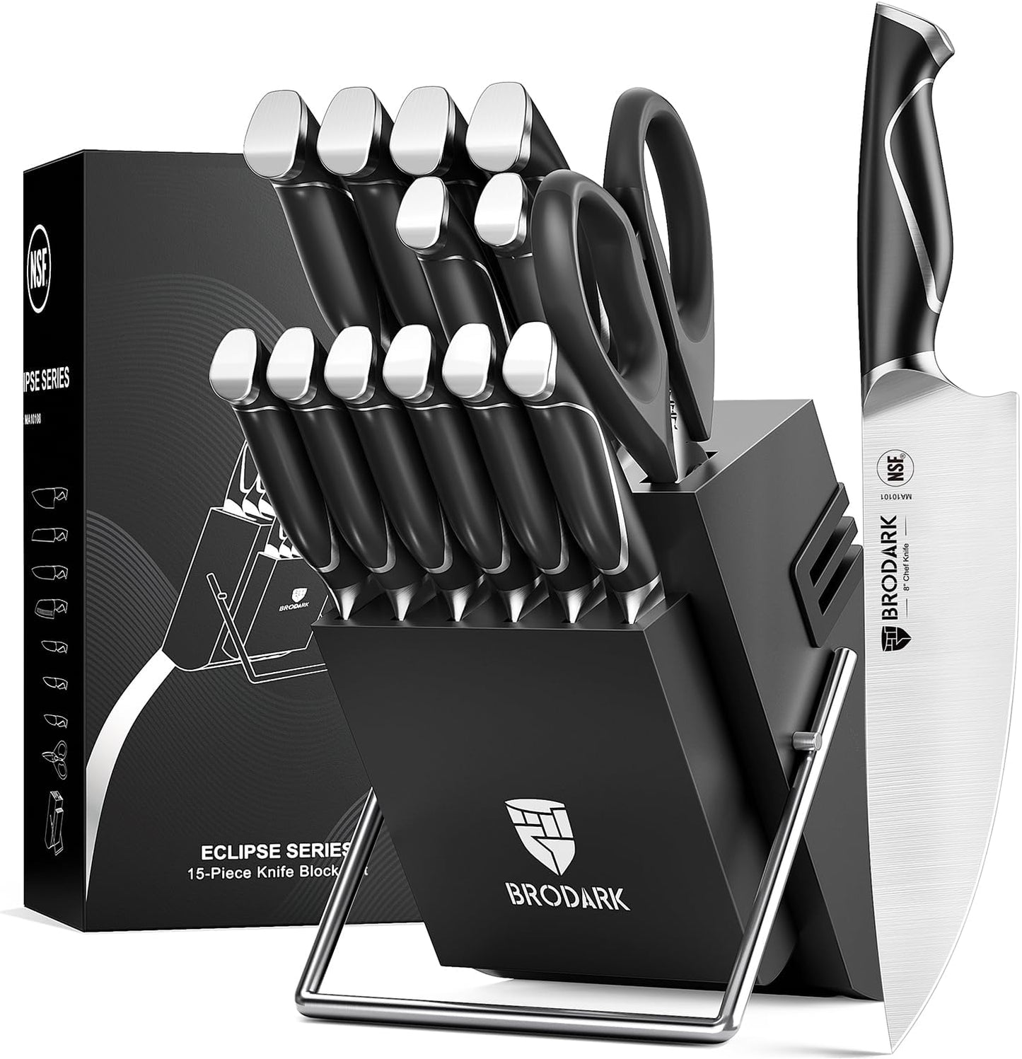 Kitchen Knife Sets with Block and Built-in Sharpener, 15 Pcs