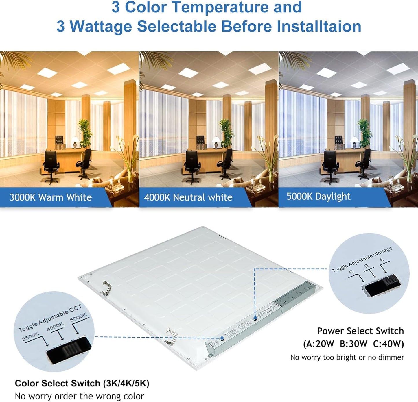 2x2 LED Flat Panel Light, Drop Ceiling Light 3000K 4000K 5000K 3 Color Temperature Selectable & 0-10V Dimmable, 20W/30W/40W Options, 100-277Vac, ETL,