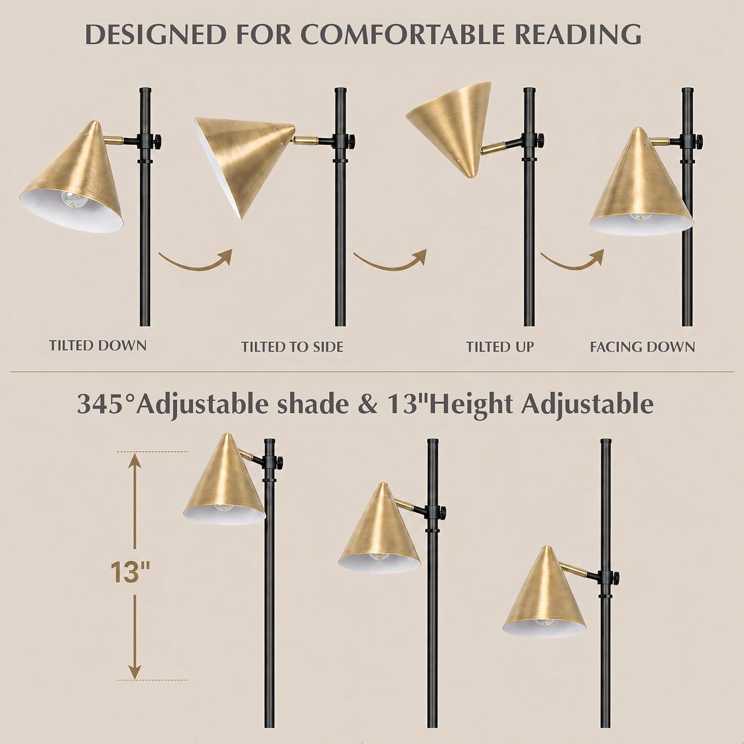 HarvestLand Noah Brass Floor Lamp, Adjustable Reading Lamp | 345° adjustable gold floor lamp with 13” height adjustment and solid base for reading and relaxing.