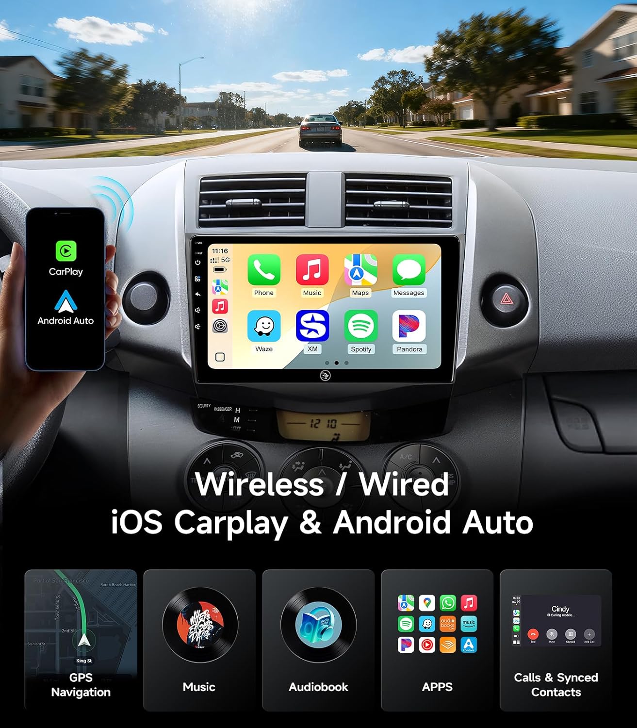 Car Stereo Radio for Toyota RAV4 2006 2007 2008 2009 2010 2011, 9 Inch Touch Screen, Wireless Carplay & Android Auto, WiFi, Bluetooth, GPS FM, SWC, 1080P Backup Camera