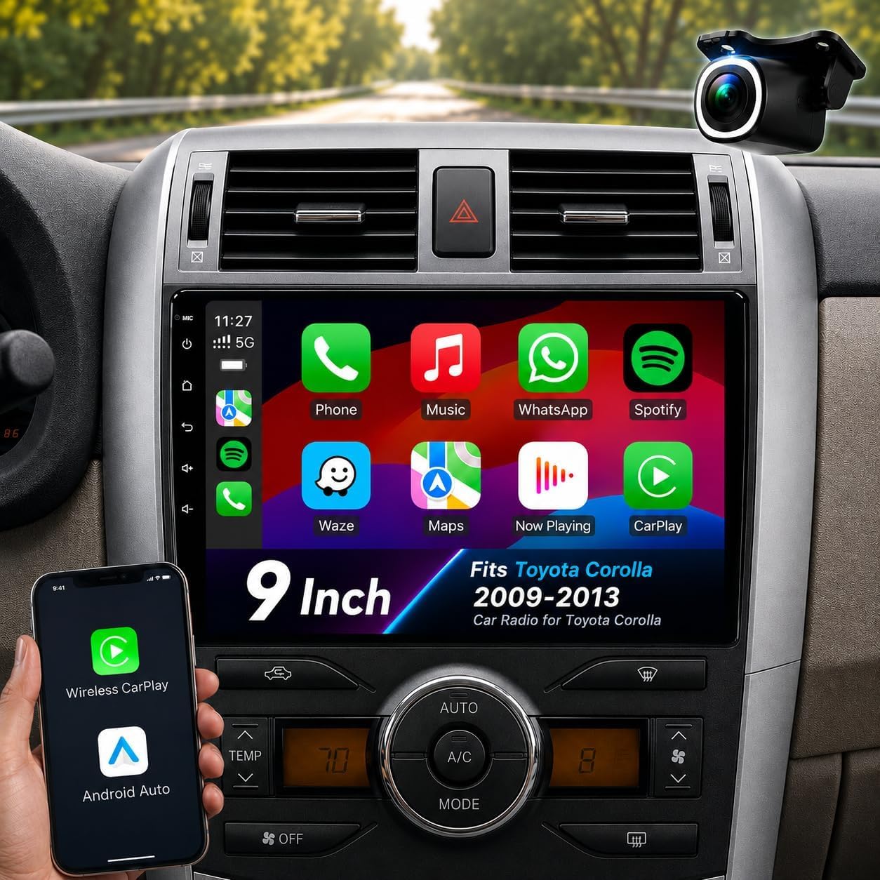 Car Radio Stereo for Toyota Corolla 2009-2013, Wireless CarPlay | 9" IPS Touchscreen Dash Upgrade, Mirror Link, Bluetooth, FM radio, SWC, dual USB, 1080P rear camera