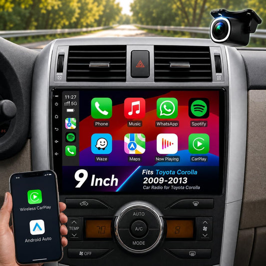 Car Radio Stereo for Toyota Corolla 2009-2013, Wireless CarPlay | 9" IPS Touchscreen Dash Upgrade, Mirror Link, Bluetooth, FM radio, SWC, dual USB, 1080P rear camera