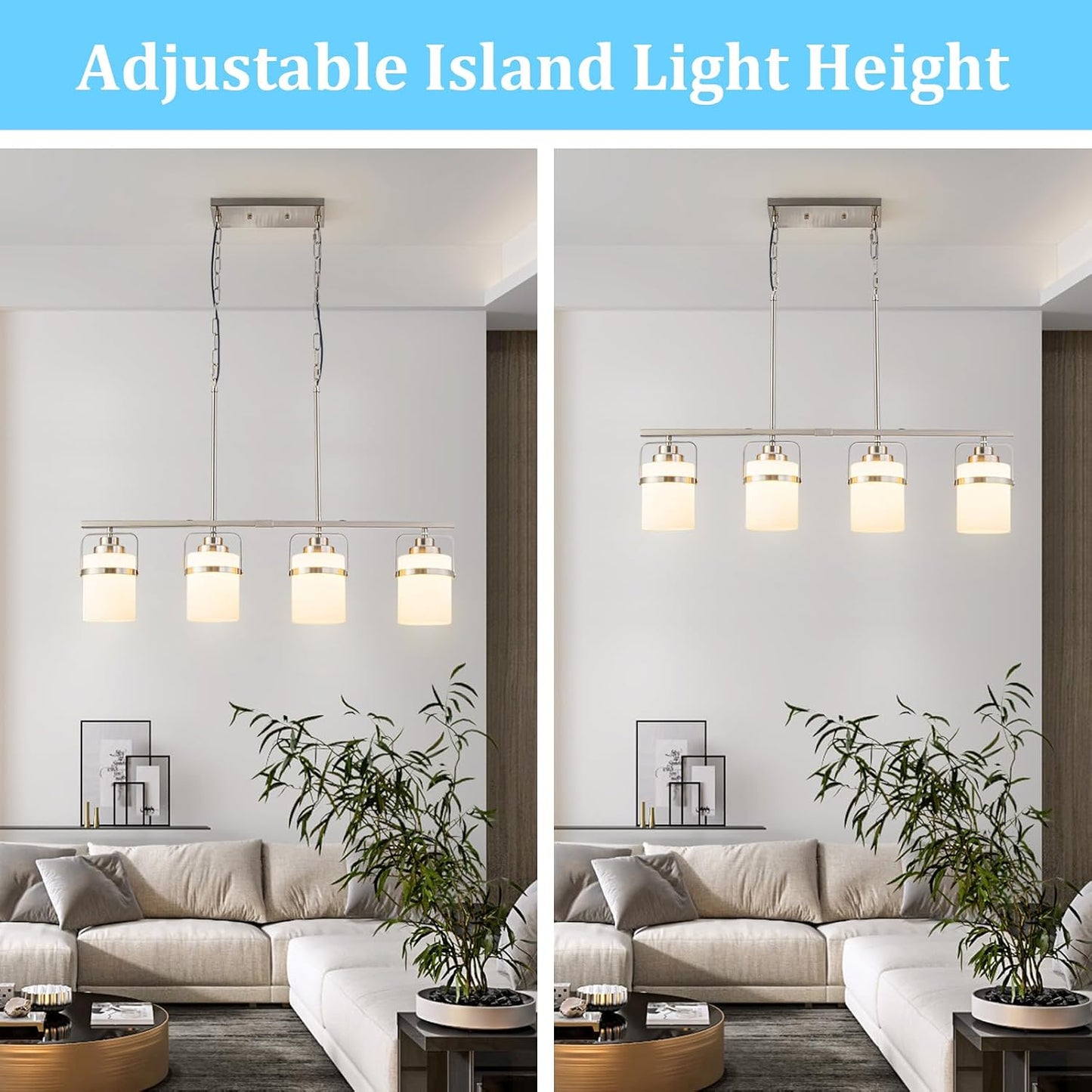 4 Light Kitchen Island Lighting, Brushed Nickel Dining Room Light Fixture with Milk Glass Shade, Adjustable Height Modern Chandelier Pendant Light for Dining Table Living Room Brushed Nickel, Milk Glass 4-Lights