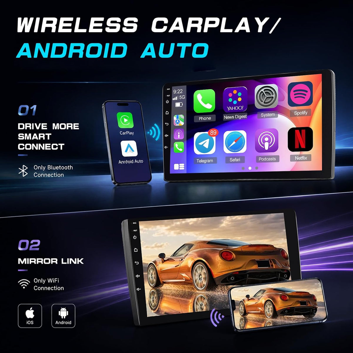 [4G+64G] Car Radio for Ford Transit 150 250 350 2015-2019 | 9 inch Android Touchscreen Stereo with Carplay / Android Auto, GPS, WiFi, Bluetooth, SWC, FM/RDS, EQ, FM/RDS Radio