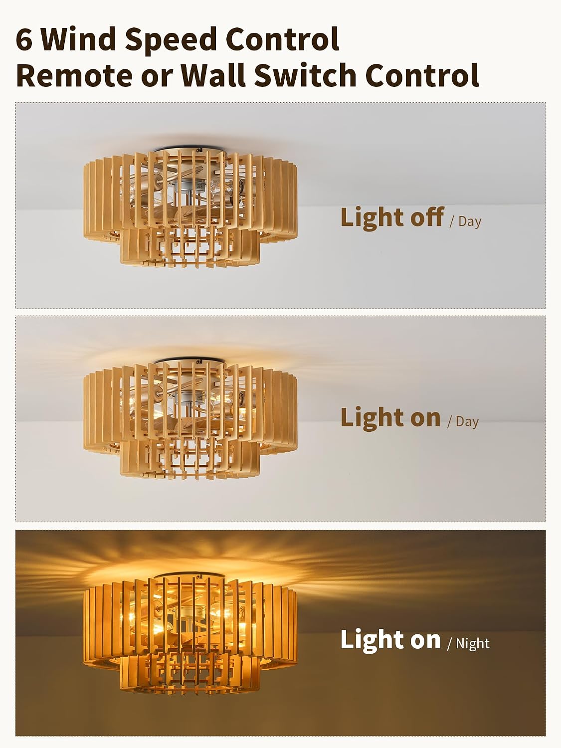 20" Wood Caged Ceiling Fans with Lights, Flush Mount Boho Ceiling Fan with Light Remote Control, Low Profile with 6 Speeds for Bedroom, Nursery, Living Room Beige