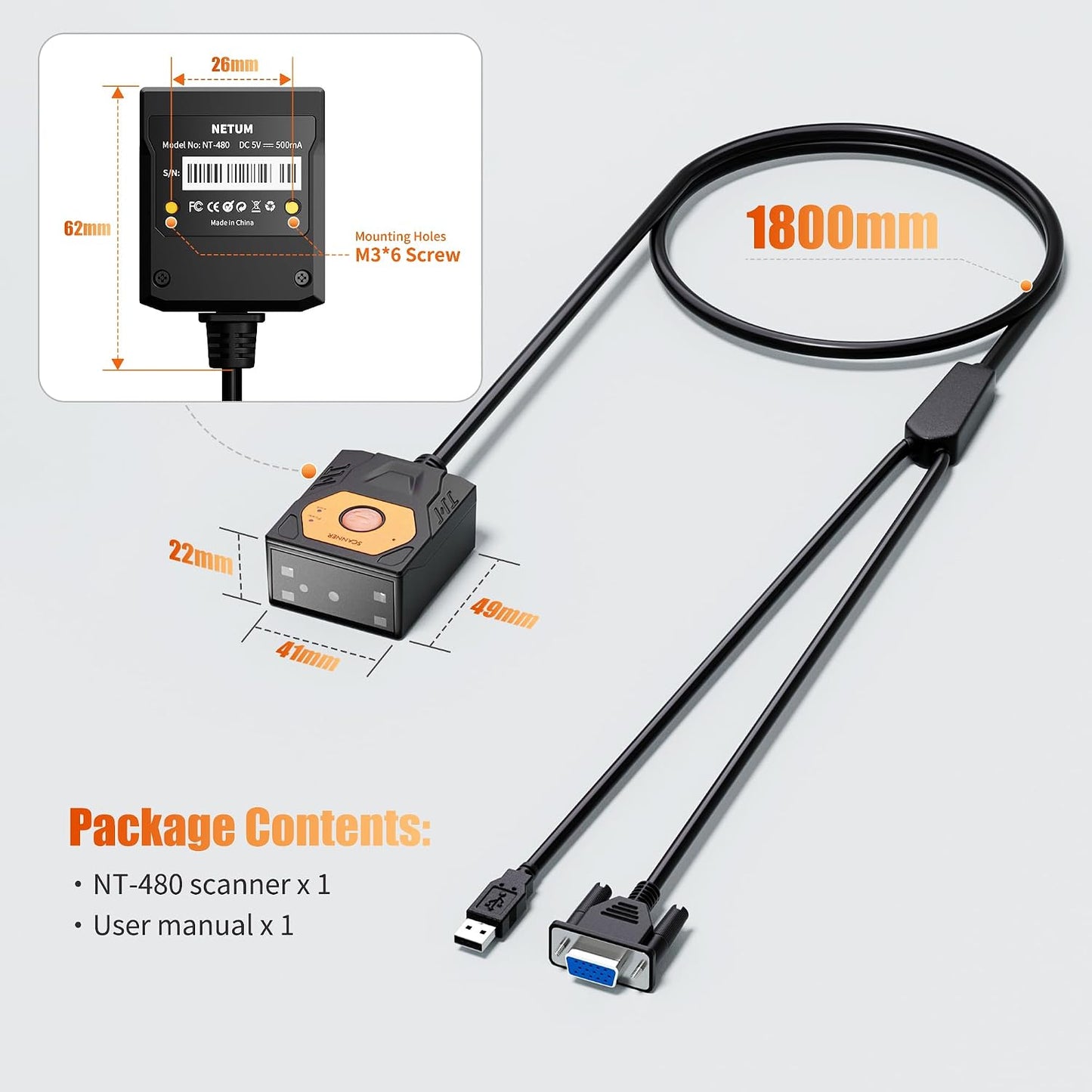 NETUM NT-480 Fixed Mount 2D Barcode Scanner, Auto-Sensing Embedded -USB | Industrial 1D/2D QR barcode scanner for kiosks, conveyors, POS, manufacturing and self-service systems. USB Cable