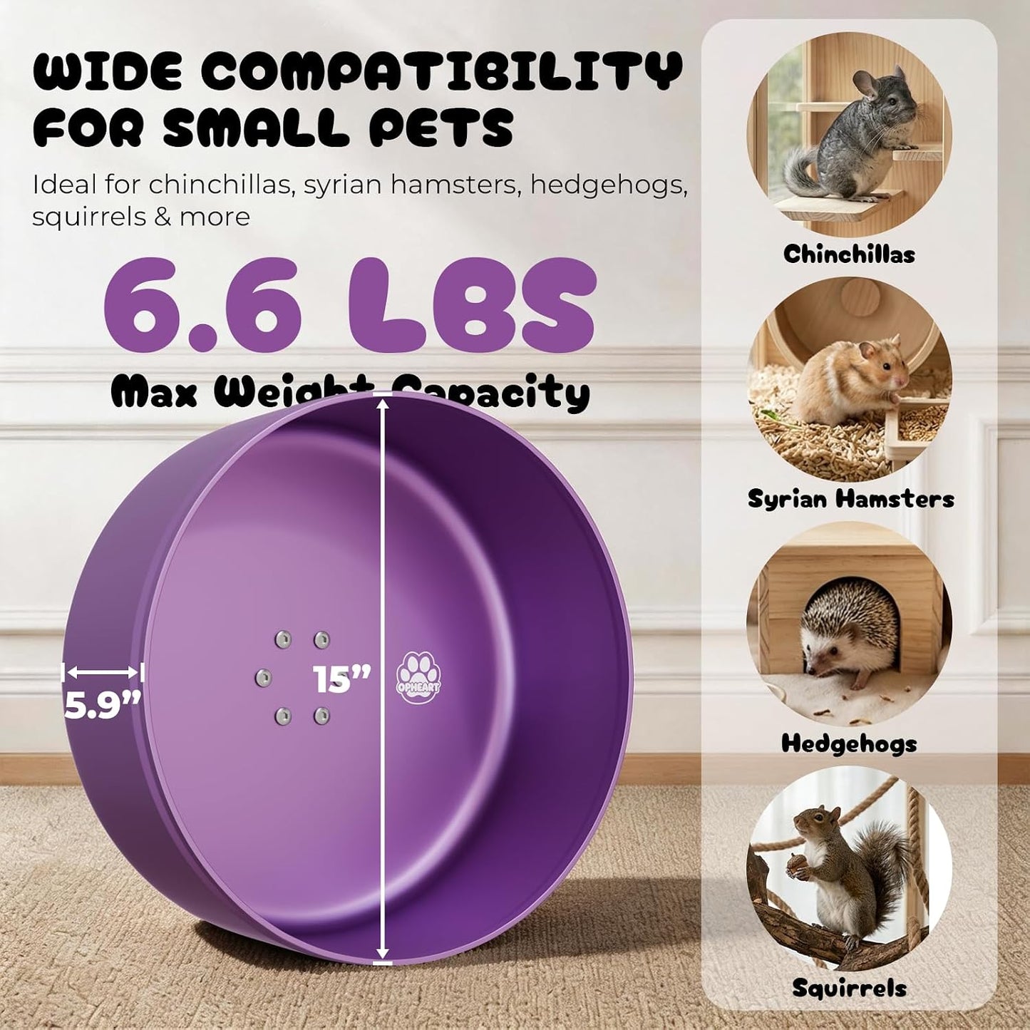 15" Silent Chinchilla Running Wheel, Aluminum Alloy Noiseless Exercise Wheel, Small Animal Running Wheel, Ultra Smooth Bearing, Large Comfort Wheel for Chinchilla, Hamster, Hedgehog &Small Pets,Purple