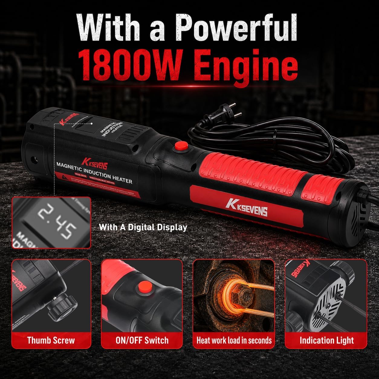 Induction Heater 1800W, Magnetic Handheld Tool with 12 Coils & Toolbox for Automotive Repair, Rusty Bolt & Screw Removal,Black