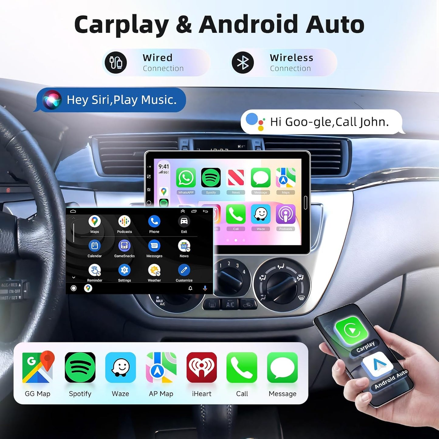MAHVEC 10.1'' Single Din Car Stereo with Wire/Wireless CarPlay Android Auto | HD IPS Mipi Rotatable & Adjustable Touchscreen Radio with 5.2BT,FM/AM/RDS Radio,Mirror Link,SWC,USB Charging,Backup Camera