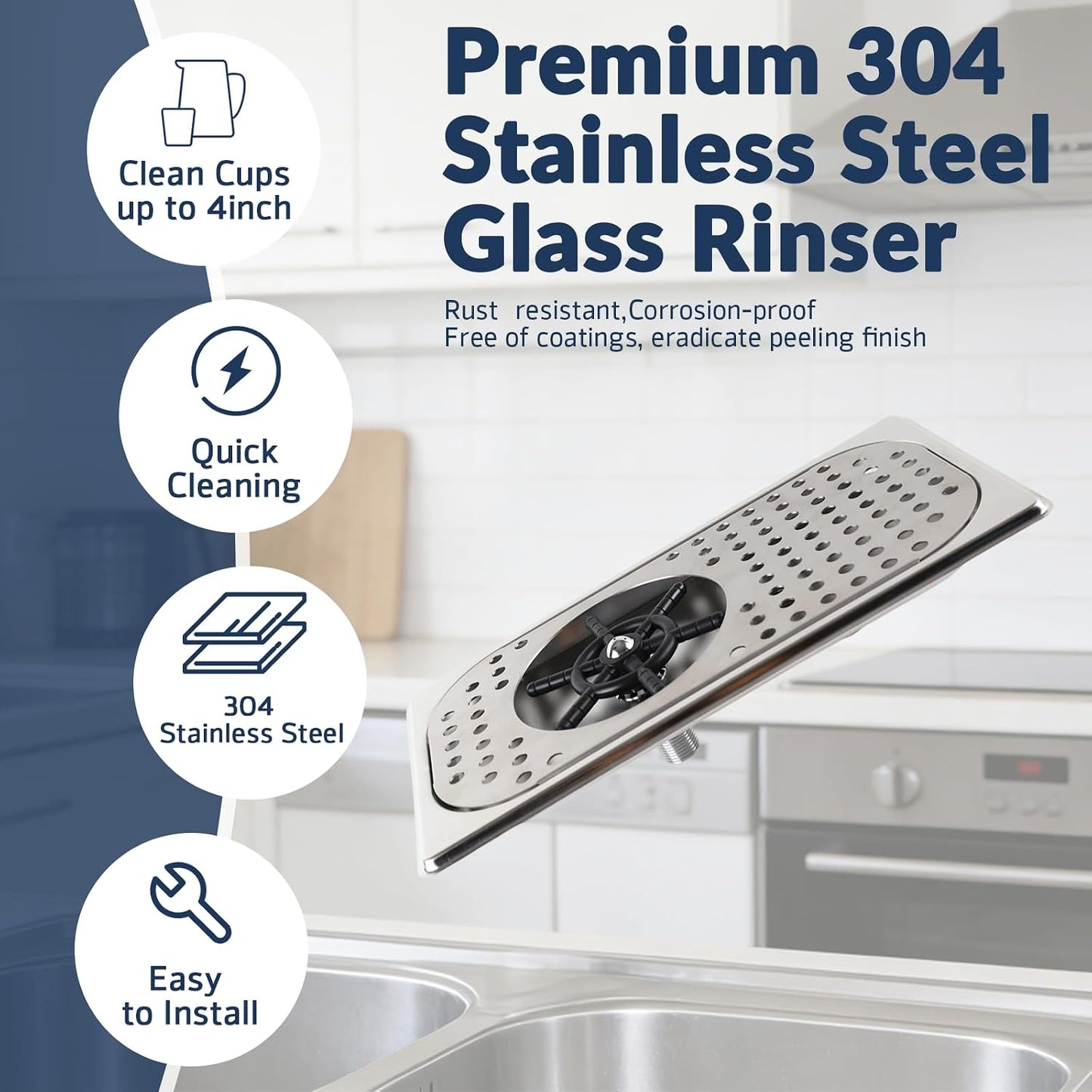 Pitcher Rinser, Glass Cup Washer, Automatic High Pressure Glass Cup Washer Stainless Steel, Coffee Milk Tea Mug Cleaner Sink Attachment, Bar Kitchen Hotel Restaurant Commercial Cup Rinser silver 12.6x6.7x1.2 Inche