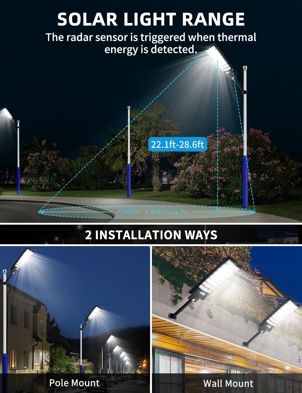 papasbox Solar Street Light 1000W - 6500K LED Solar Power Street Lights with Panel 99000LM Dusk to Dawn Outdoor Flood Lighting Waterproof IP65