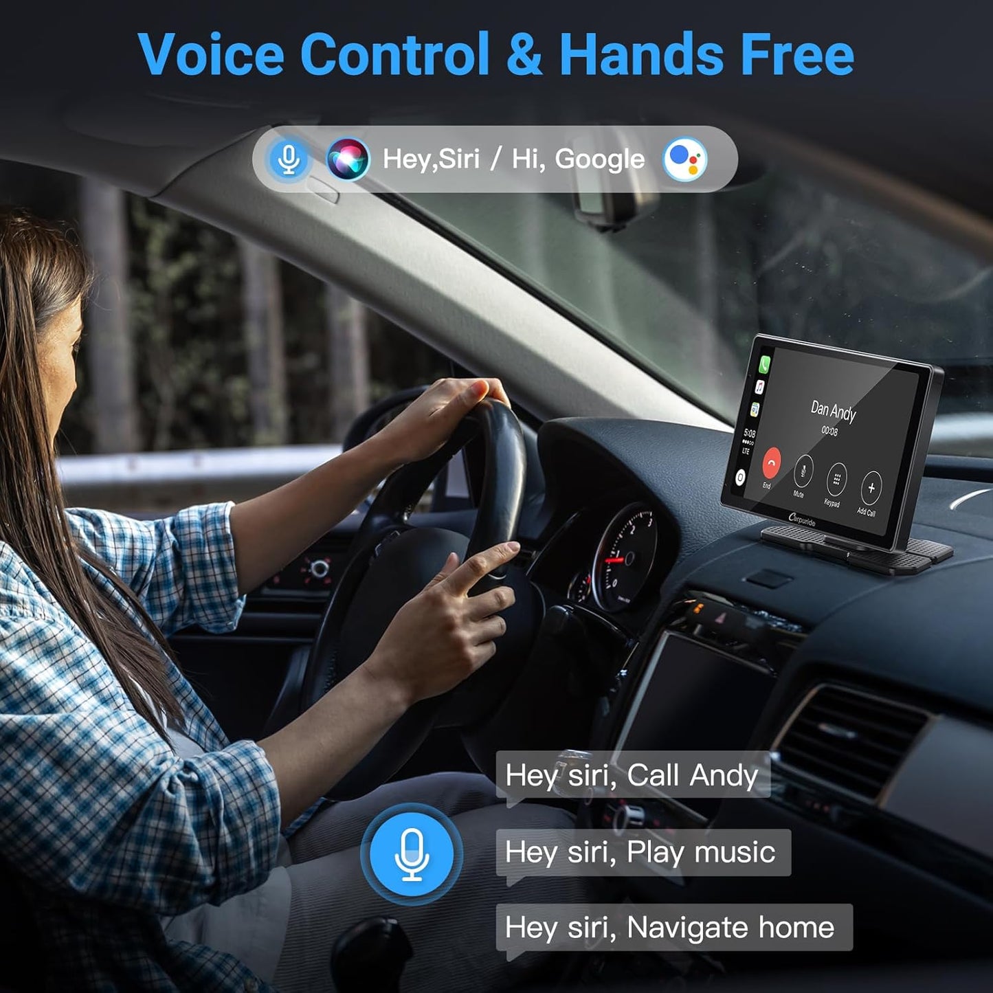 W703 Wireless CarPlay for Apple CarPlay & Android Auto, 7'; IPS Portable Car Audio Receivers with 4K Front and 1080P Backup Cam, Loop