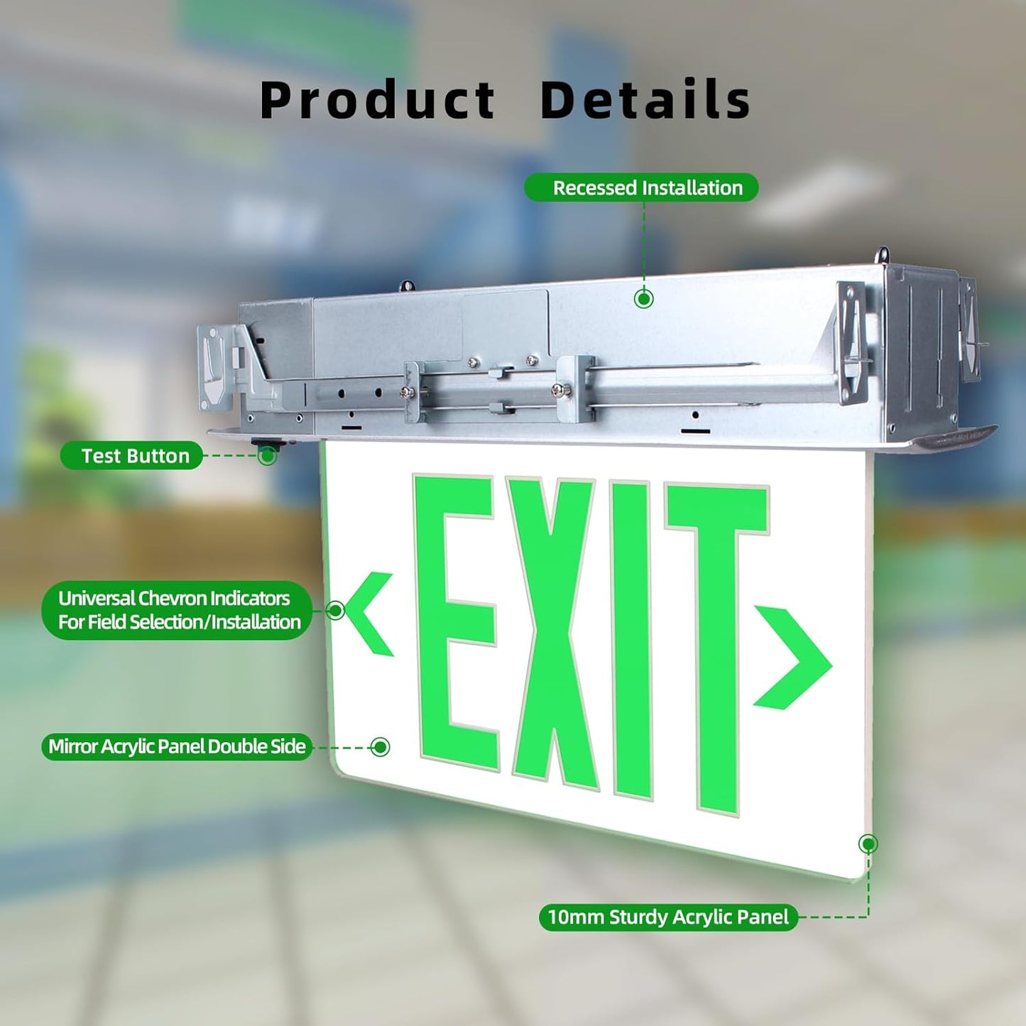 LED Exit Sign Edge-Lit Emergency Light Battery Backup Edge, Double Side/Mirror Acrylic Panel Green