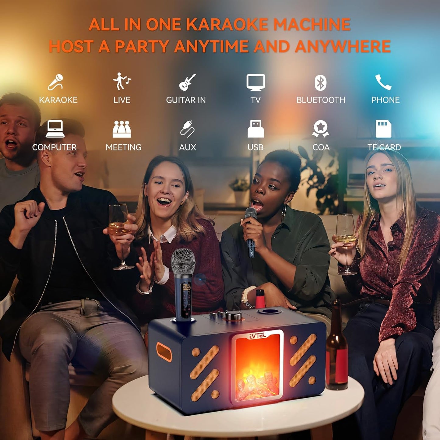 LVTEL Karaoke Machine for Adults & Kids, Portable Karaoke Machine with Two Wireless Microphones, LED Lights, Supports Li