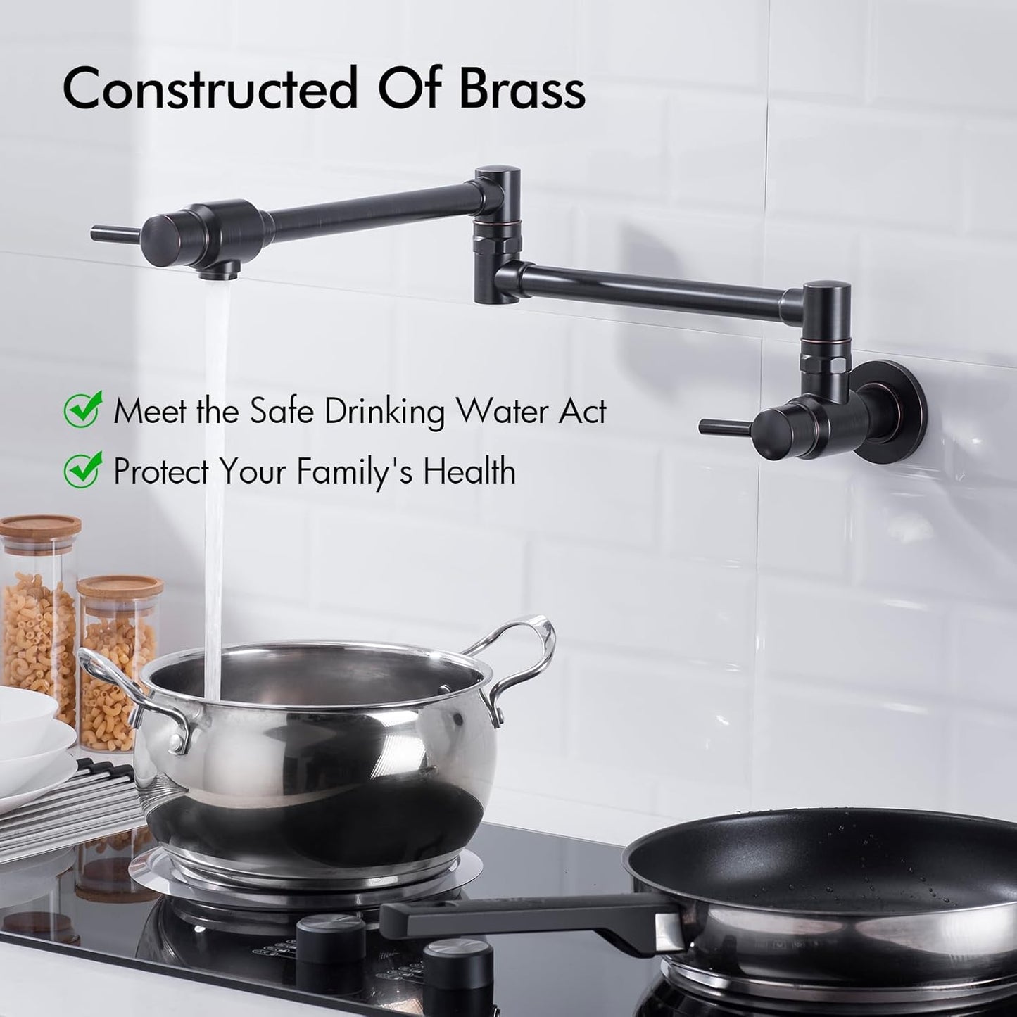 Oil Rubbed Bronze Pot Filler Faucet, Traditional Double Handle, Wall Mounted with Brass Spout Swivel