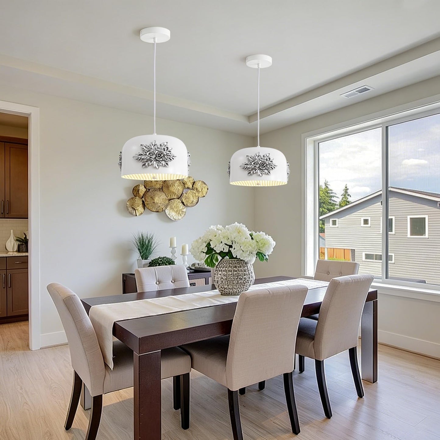 3-Light Silver Flower Pendant light,Modern Elegant Floral Kitchen Island chandelier small vintage Fixture 10.2-in Art Deco rose White drum-shaped Adjustable Hanging For Dining Room Hallway Entryway.