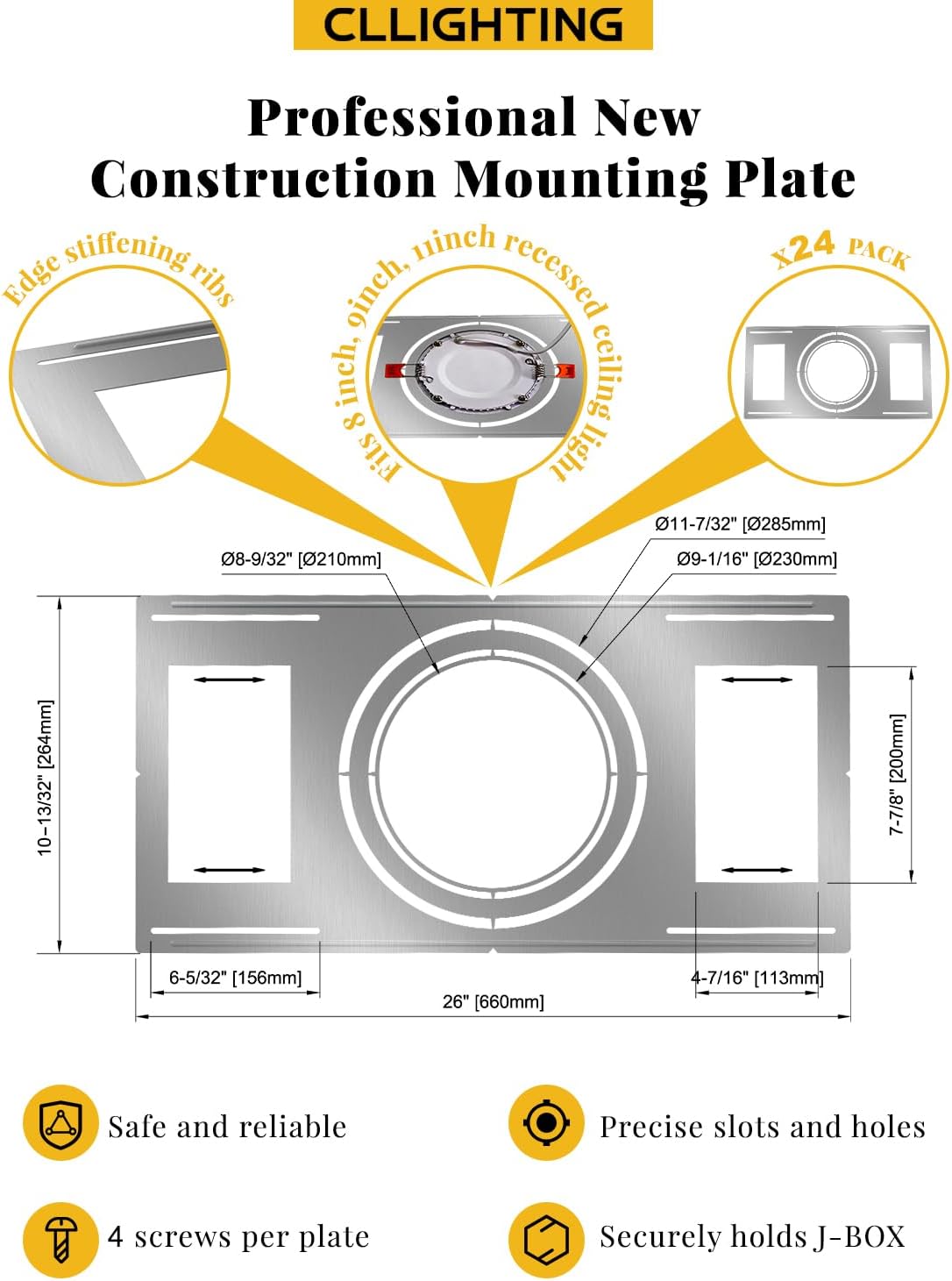 New Construction Mounting Plate - for 8/9/11 inch Recessed Light | 24 Packs, Measurement Marks, 26 inch Wafer Light Rough in Plate, Screws Included, Adjustable Slots, Galvanized Steel