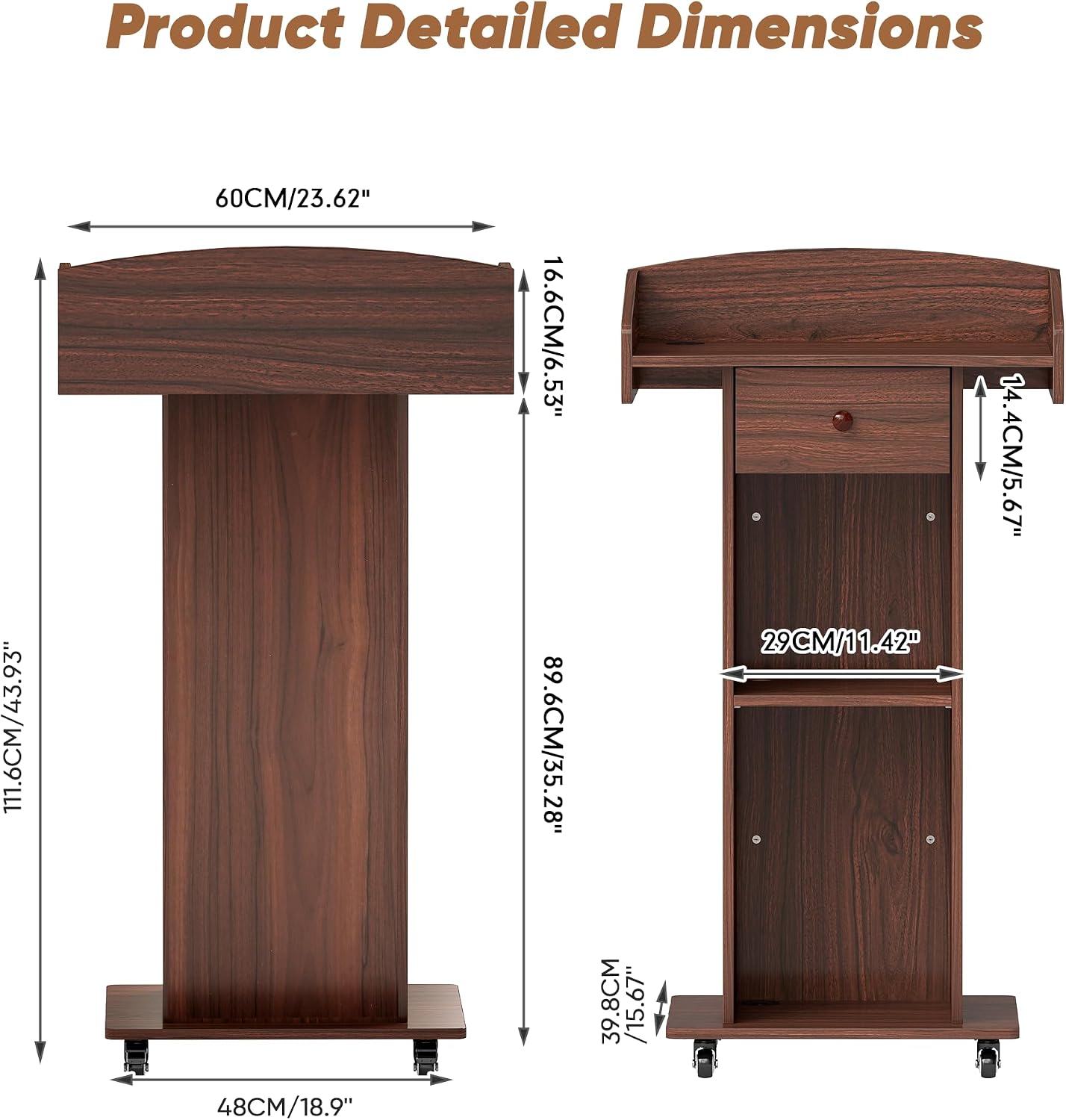Portable Podium Stand with Metal Wheels, Rolling Podium with Drawer and Adjustable Shelf, Mobile Pulpit for Church, Wooden Lectern for Classroom Office Restaurant Conference (Brown)