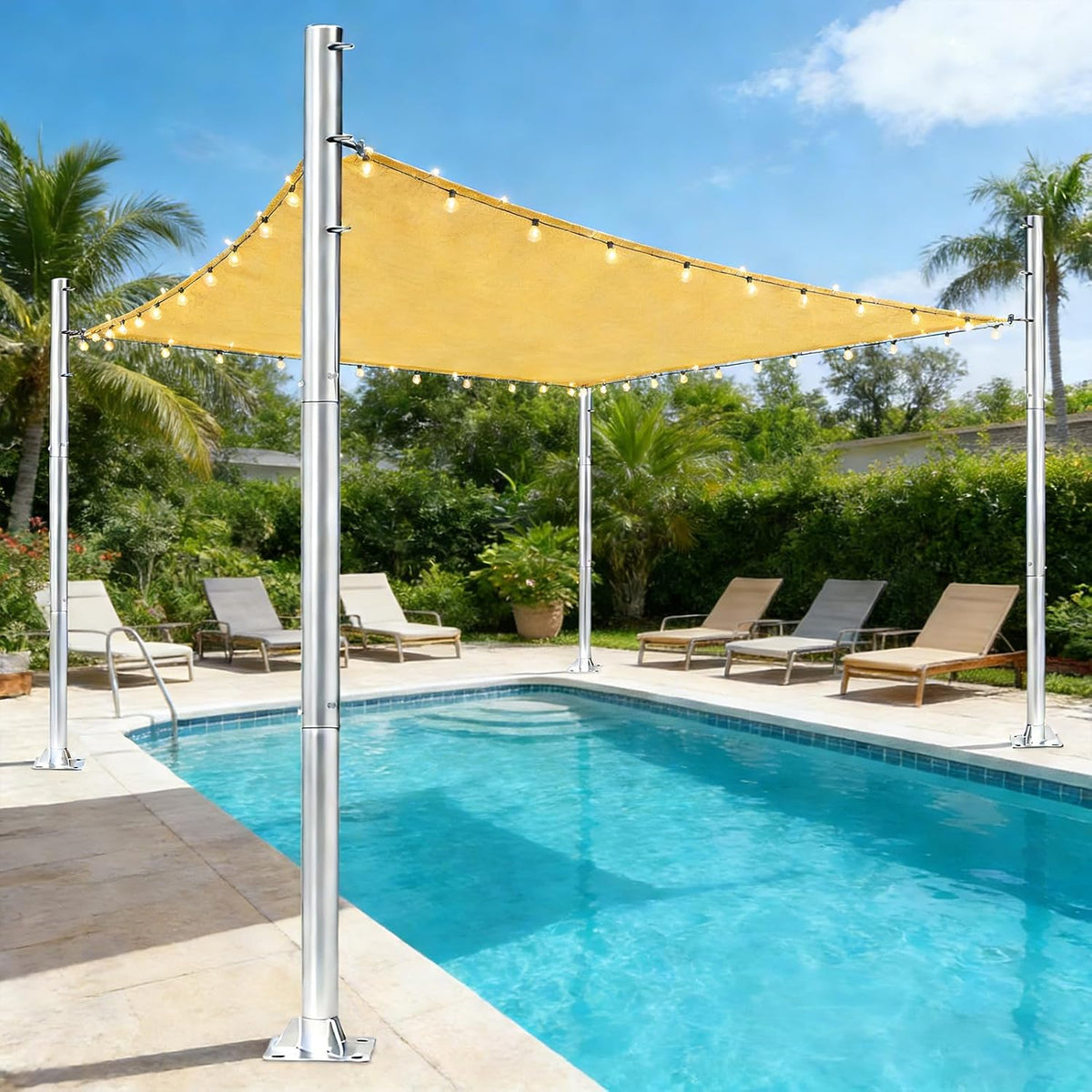 Shade Sail Poles, Heavy-Duty Stainless Steel Sun Shade Poles, 12 Ft Premium Height-Adjustable Poles with Base Plate, Durable Canopy Support Poles, Multifunctional Installation for Ground Soil Backyard