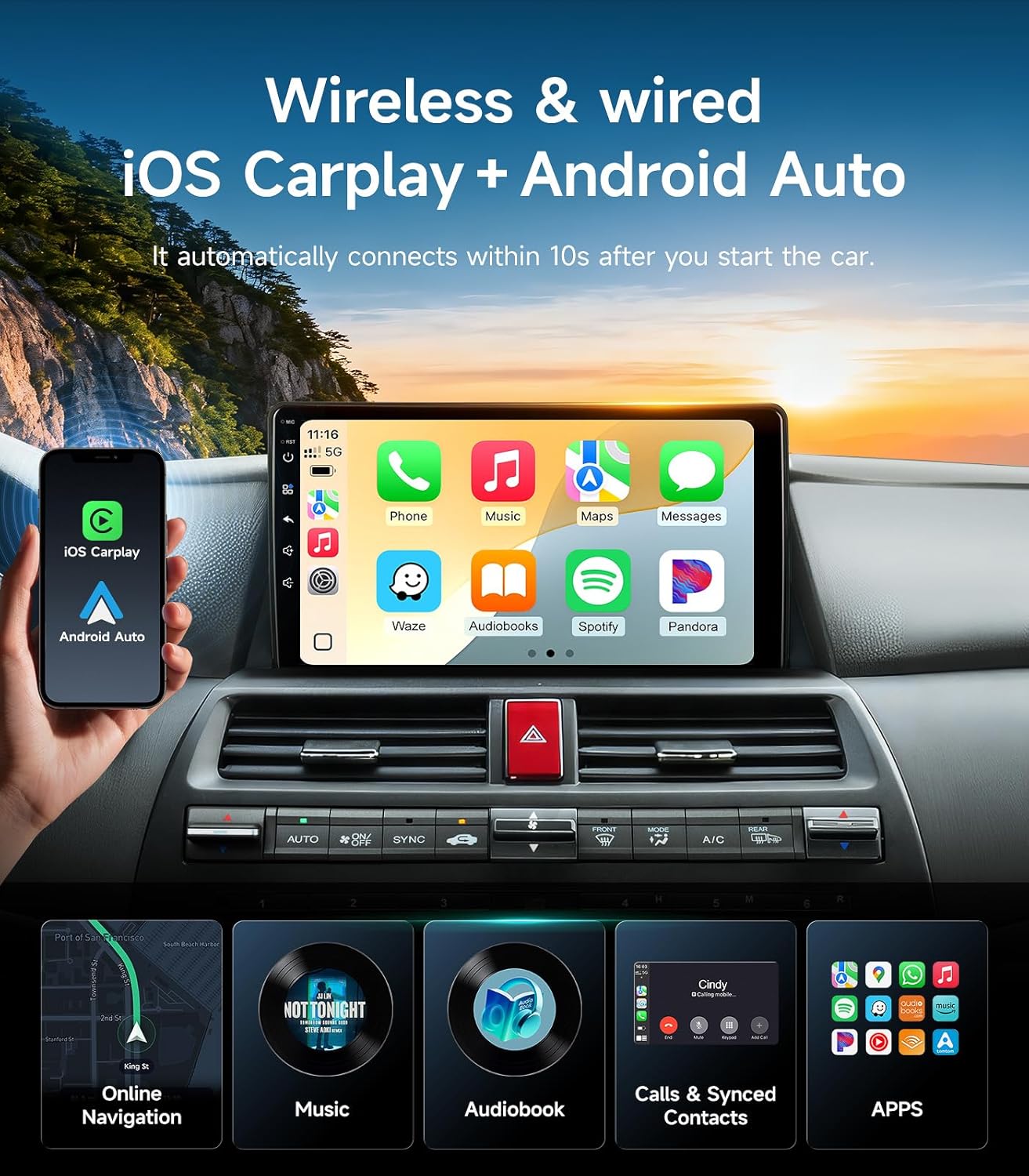 Car Radio Stereo for Honda Accord 2008 2009 2010 2011 2012 2013 10.2 Inch IPS HD Touch Screen Wireless CarPlay Android Auto, WiFi FM/SWC Bluetooth 1080P Backup Camera