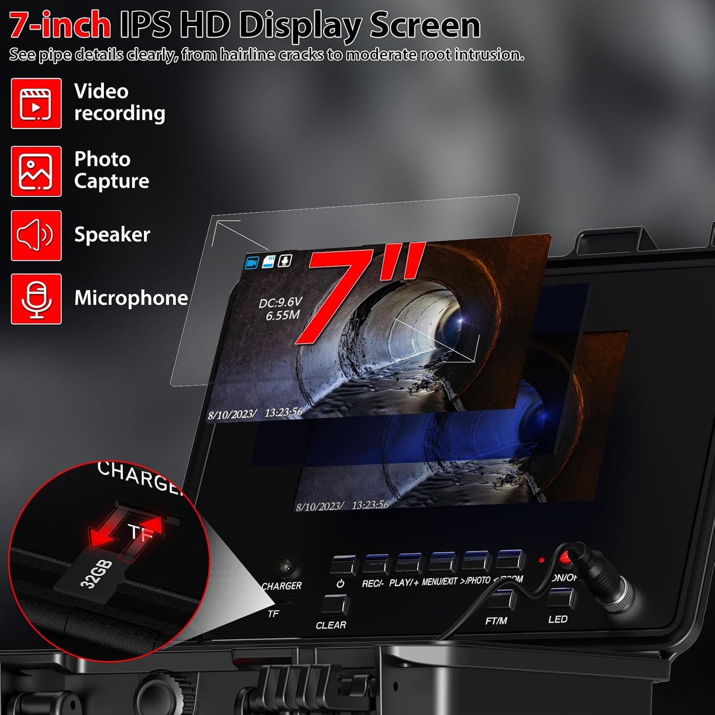 Sewer Camera with 512Hz Locator,7 Inch Pipe Inspection Camera, 50m/165ft Cable, DVR Video Audio, Distance Counter for Self-Leveling Drain Plumbing Snake with 12 Lights for IP68
