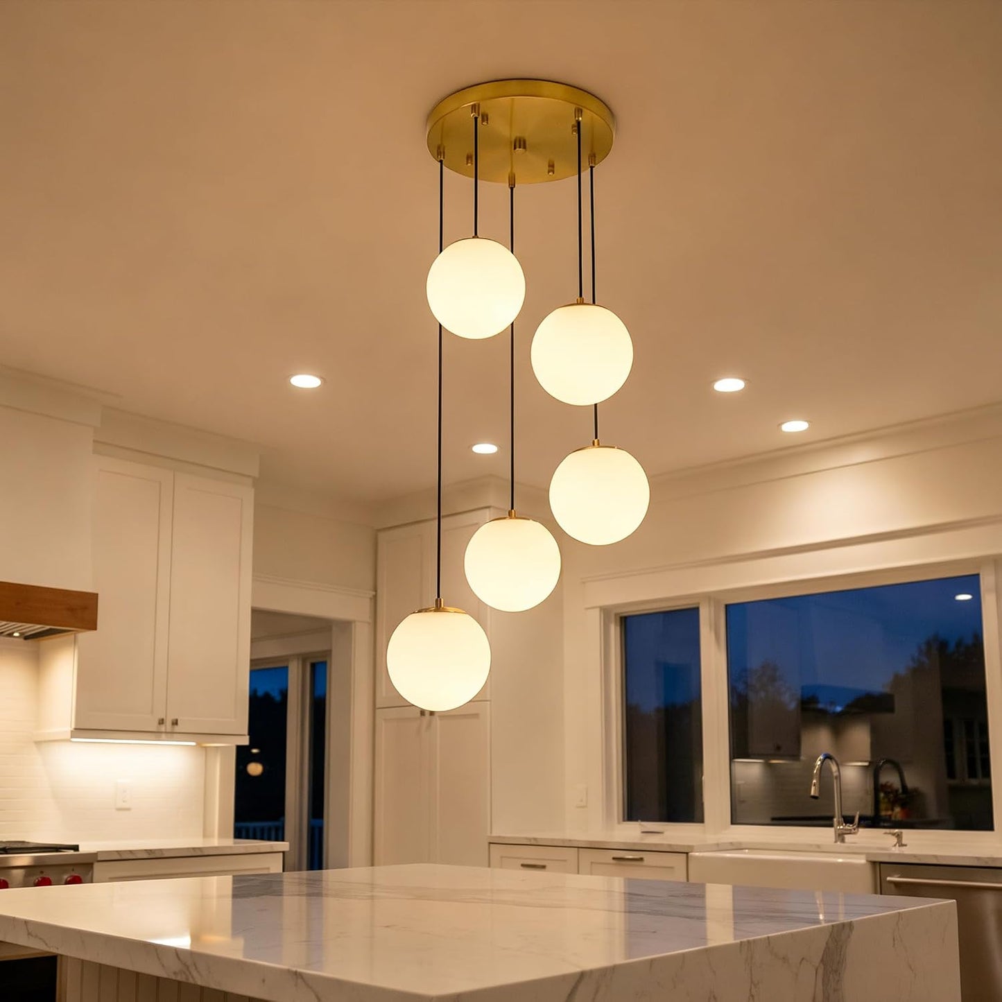 5-Light Globe Cluster Mid Century Modern Chandelier for Dining Room | Brushed Gold Finish, Milk White Glass Pendants, Adjustable Height, for Staircase Kitchen Island