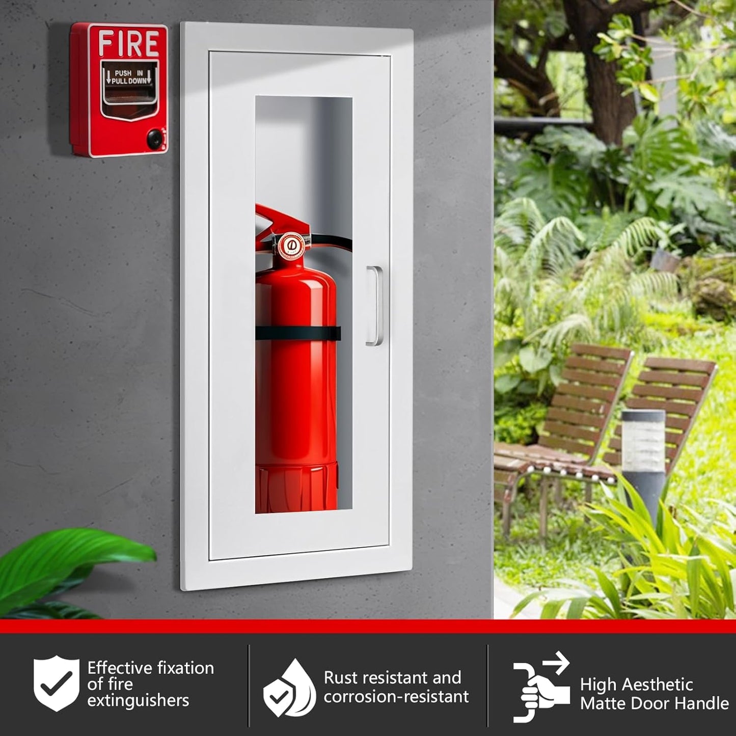 Semi Recessed Fire Extinguisher Cabinet for 5-12 pounds Extinguisher, White Steel Fire Extinguisher Mount with Magnetic Door & Handle for Indoor Outdoor, Wall Cabinet with Full Clear Acrylic Door