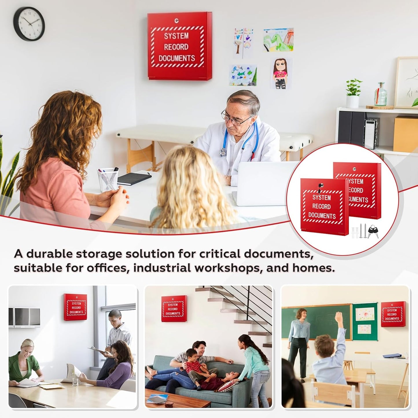 Systems Record Document Cabinet Lock, System File Cabinet Locking Document Storage Red for Office Home with 2 Keys and 6 Screws(12 in x 13 in x 2.35 in)