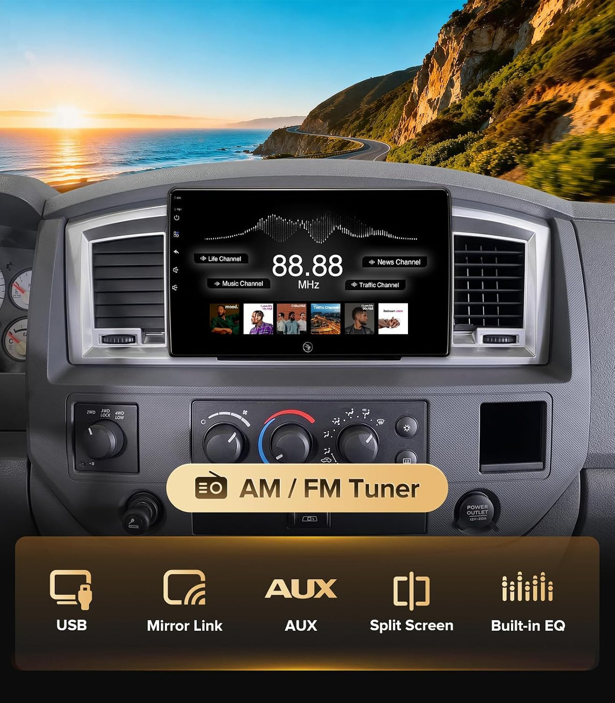 Carplay Radio for 06-12 Dodge Ram 1500/2500/3500 & 05-08 Durango | 07-18 Jeep Wrangler,4G+64G,Wireless CarPlay Android Auto Mirroring,Android 13,BT 5.4,FM/AM,GPS,AUX,1080P Cam, Retain OEM SWC