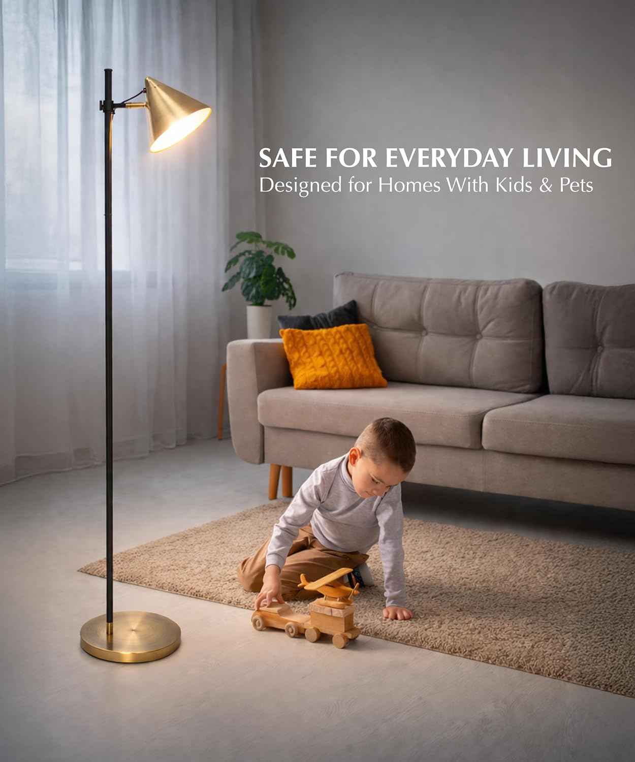 HarvestLand Noah Brass Floor Lamp, Adjustable Reading Lamp | 345° adjustable gold floor lamp with 13” height adjustment and solid base for reading and relaxing.