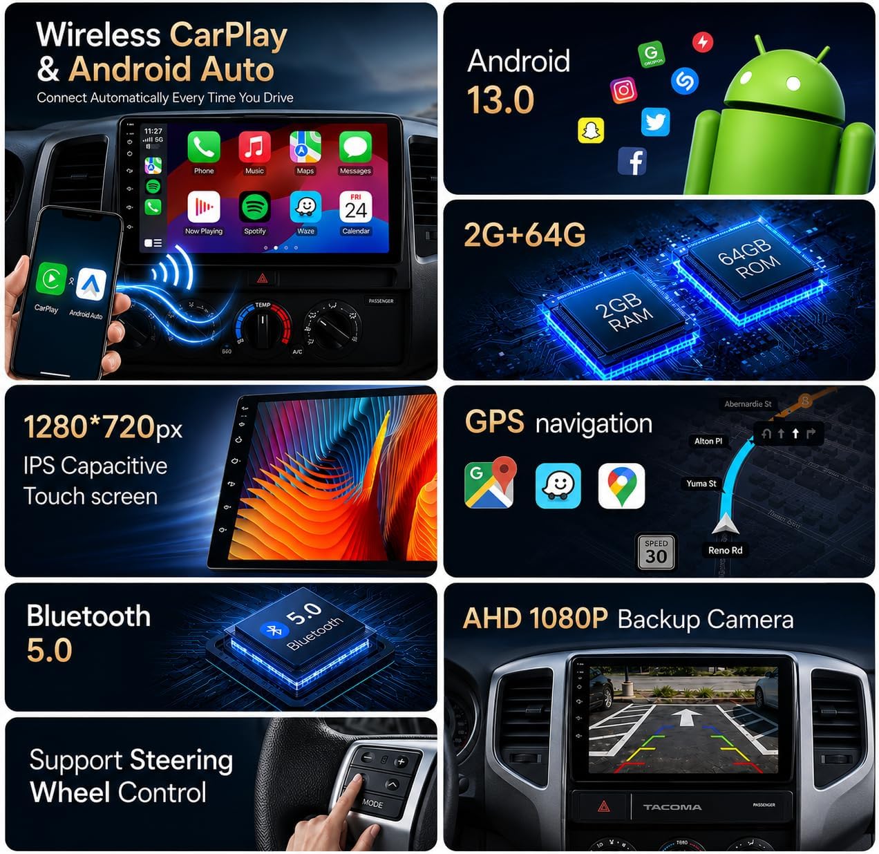 Wireless CarPlay Radio for Toyota Tacoma 2005 2006 2007 2008 2009 2010 2011 2012 2013 2014 2015, JBL Compatible Android Auto Stereo, 2GB+64GB GPS Bluetooth, 1080P Backup Camera Tacoma2005-2015