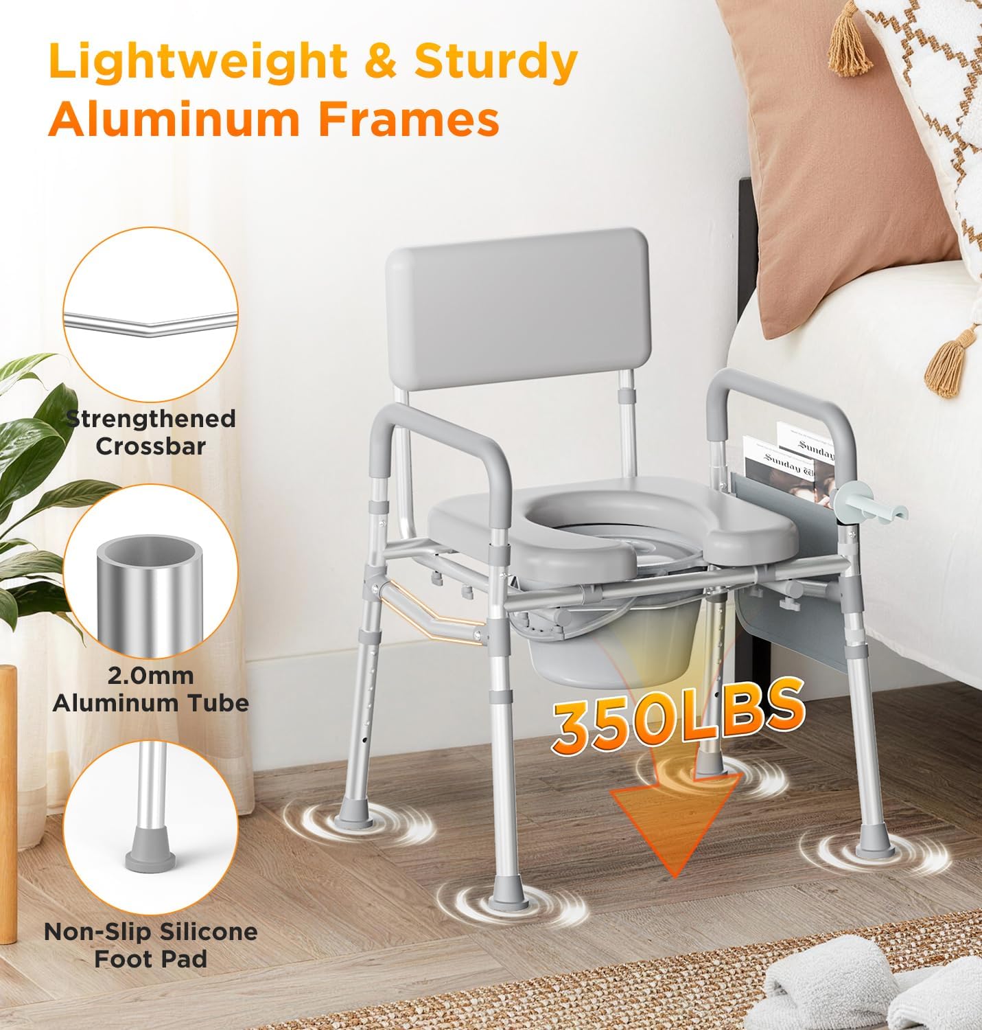 Bedside Commode with Padded Seat & Backrest, Aluminum Toilet with 6.5 qt Bucket, Easy-Clean, 350 lb Capacity Enhanced Crossbar, Portable Toilet for Seniors with Paper Holder & Newspaper Bag