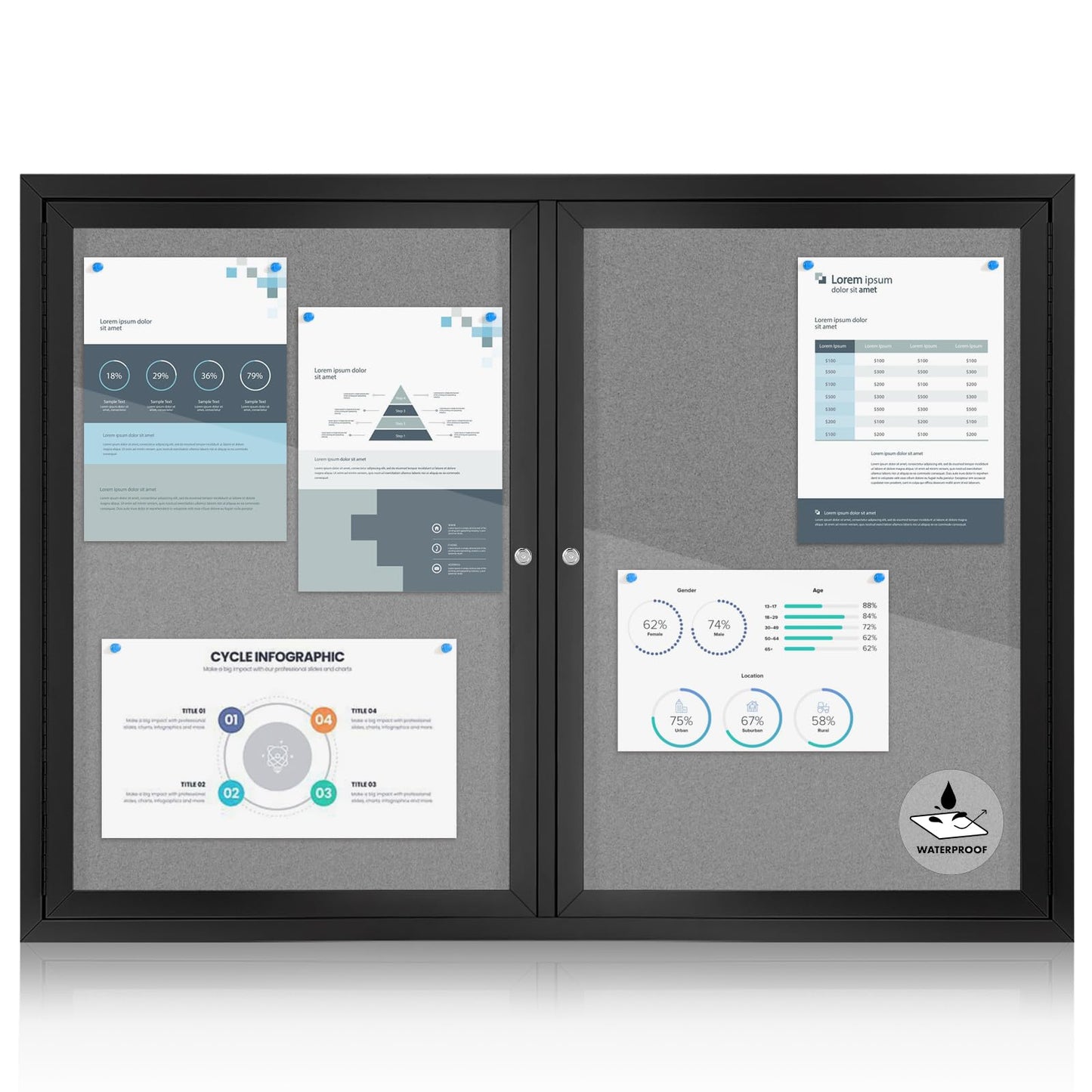 43x31 in Outdoor Bulletin Board Wall Display Case, Grey Felt | Weatherproof, Enclosed, Shatterproof, with Locking Door, Black Alu Frame, Notice Board for Office School Community Store Black-grey Felt 43" x 31"