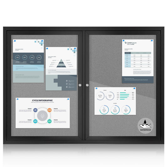 43x31 in Outdoor Bulletin Board Wall Display Case, Grey Felt | Weatherproof, Enclosed, Shatterproof, with Locking Door, Black Alu Frame, Notice Board for Office School Community Store Black-grey Felt 43" x 31"