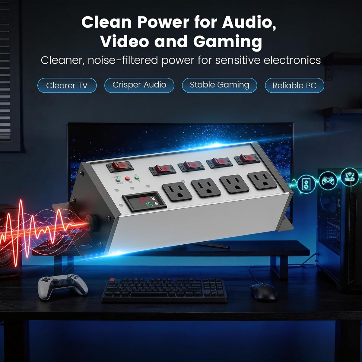 JUNNUJ EMI/RFI Filter Surge Protector, with Digital Display, 6 FT, Silver